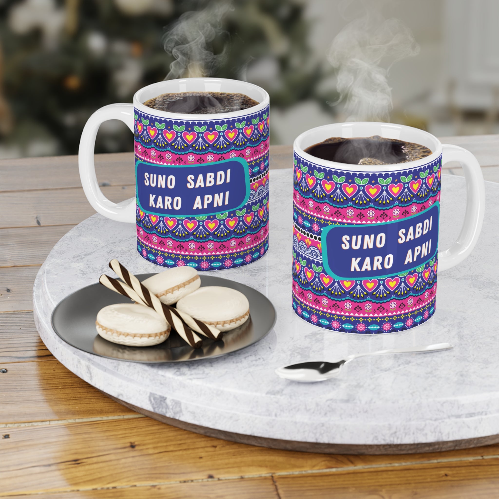 Suno Sabdi Karo Apni ceramic mug 11oz with bold funny desi quote design.
Perfect for tea and coffee lovers who enjoy humor and cultural wisdom.
Durable ceramic with scratch-resistant vibrant print for daily sipping.
Microwave safe and dishwasher safe for convenience and easy cleaning.
Large comfortable handle ideal for home, office, or college use.
A quirky and thoughtful gift for friends, coworkers, or family members.
Brings laughter, desi vibes, and bold personality to every chai or coffee break.
