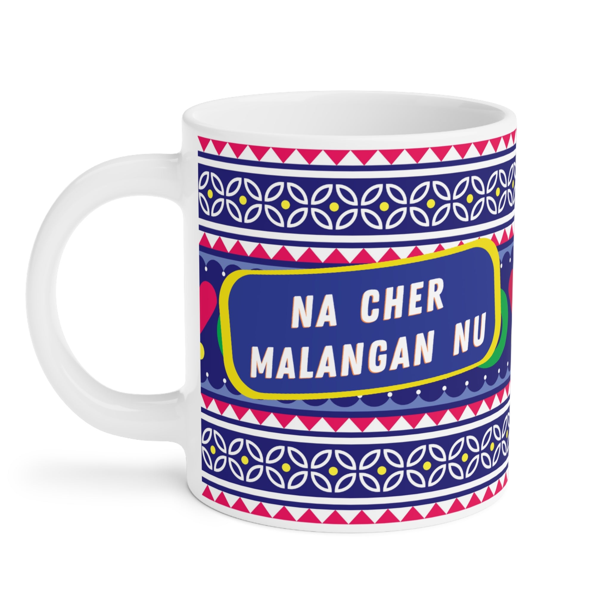 Na Cher Malangan Nu ceramic mug 11oz with bold funny desi quote design.
Perfect for chai and coffee lovers who enjoy humor and cultural vibes.
Durable ceramic with scratch-resistant vibrant print for daily use.
Microwave safe and dishwasher safe for convenience and easy cleaning.
Large comfortable handle makes sipping at home, work, or college easy.
Fun quirky gift for friends, family, or coworkers with desi humor.
Adds laughter, culture, and bold attitude to every chai or coffee break.