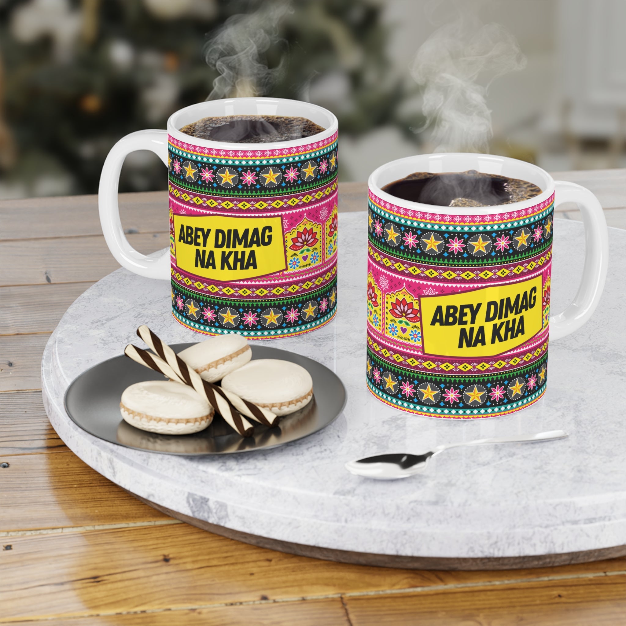 Abey Dimag Na Kha ceramic mug 11oz with bold funny desi quote design.
Perfect for chai and coffee lovers who enjoy quirky cultural humor.
Durable ceramic with scratch-resistant vibrant print for everyday use.
Microwave safe and dishwasher safe for convenience and easy care.
Large comfortable handle makes it ideal for home, office, or dorm.
A fun and savage gift for friends, coworkers, or siblings with humor.
Adds desi vibes, bold laughter, and attitude to every chai or coffee break.