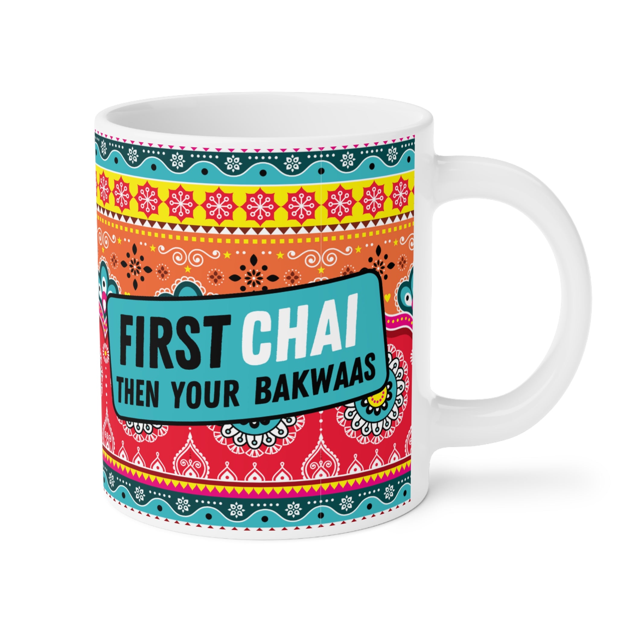 “First Chai Then Your Bakwaas ceramic mug – 11oz funny desi quote cup”

“Funny chai lover mug for friends and coworkers”

“Durable ceramic coffee cup with humorous desi saying”

“Gift mug for chai and coffee lovers – bold design”

“Quirky 11oz ceramic mug for office humor and tea time”