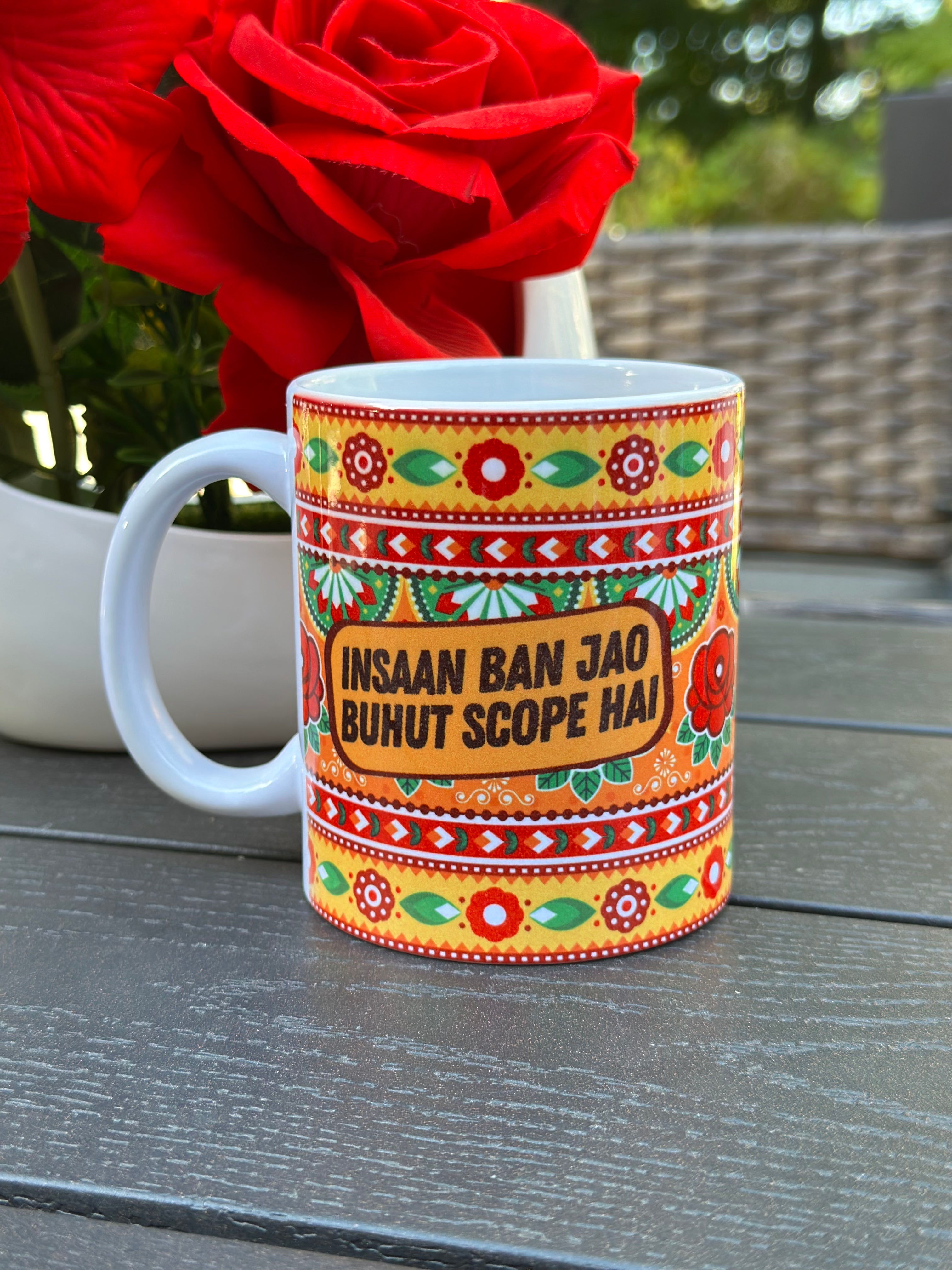 “Insaan Ban Jao Buhut Scope Hai ceramic coffee mug with funny desi quote”

“11oz ceramic cultural mug for coffee and tea lovers”

“Quirky desi humor mug gift for friends and family”

“Durable ceramic coffee cup with bold desi saying”

“Funny 11oz ceramic mug with unique cultural design”