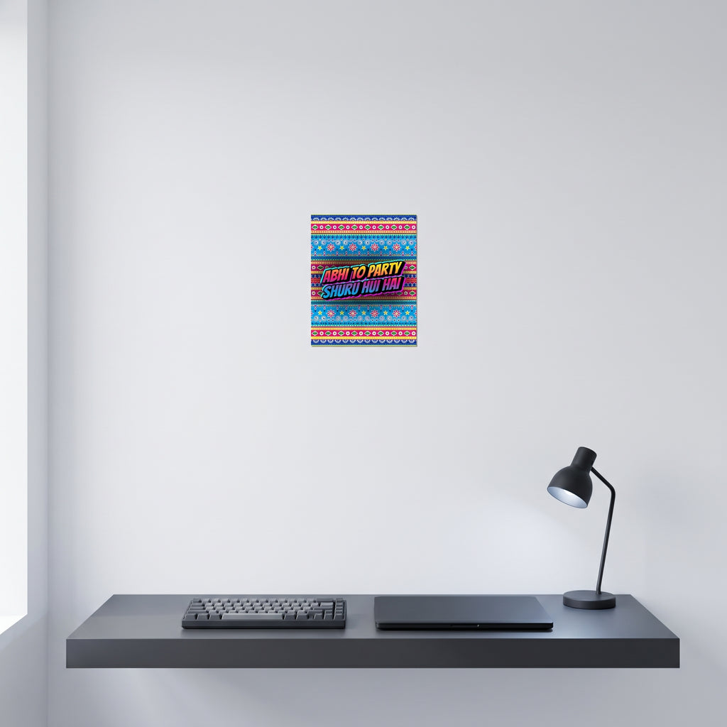 Funny Desi anthem aluminum wall art displayed on a crisp white wall behind a minimalist home office desk workspace setup.
