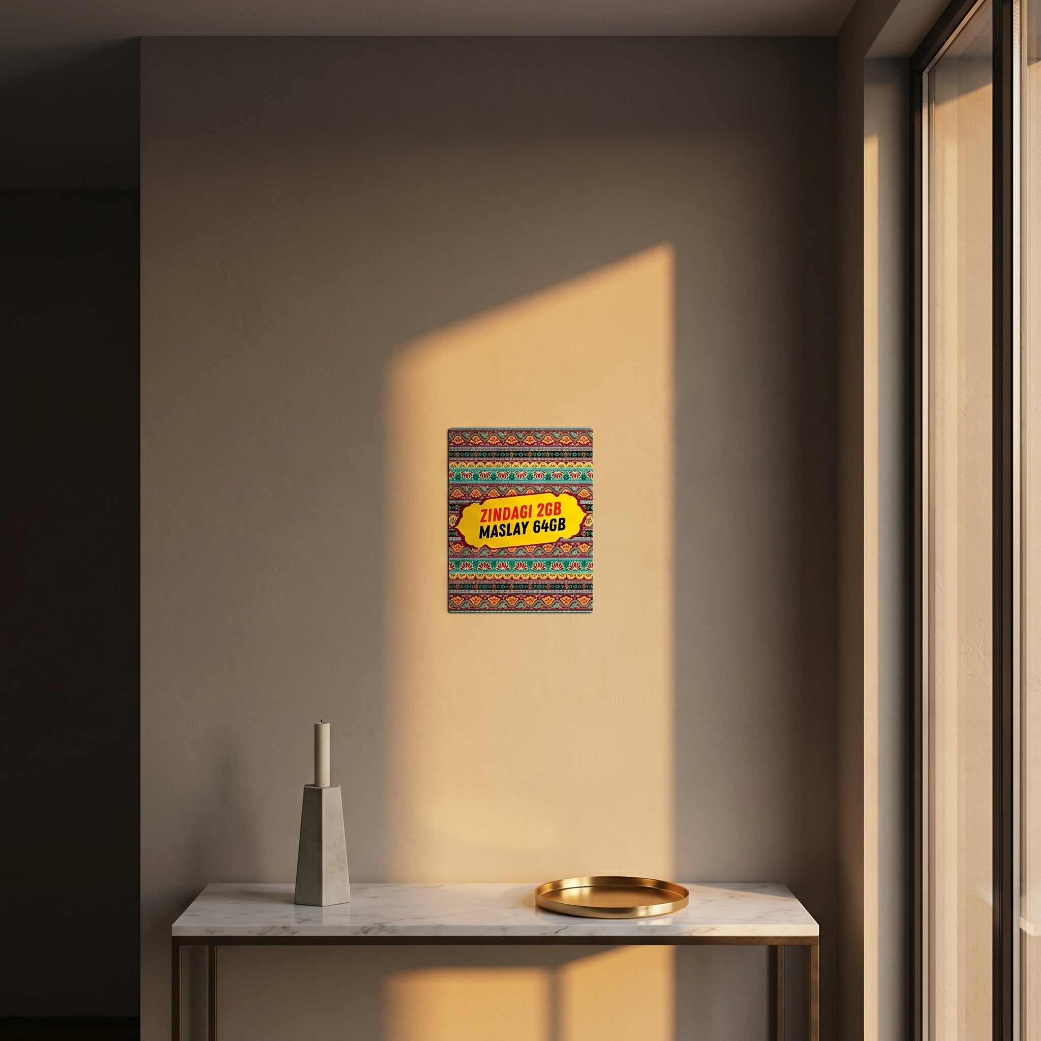 Funny Desi tech slogan metal panel styled beautifully on a modern console table catching afternoon window sunlight.