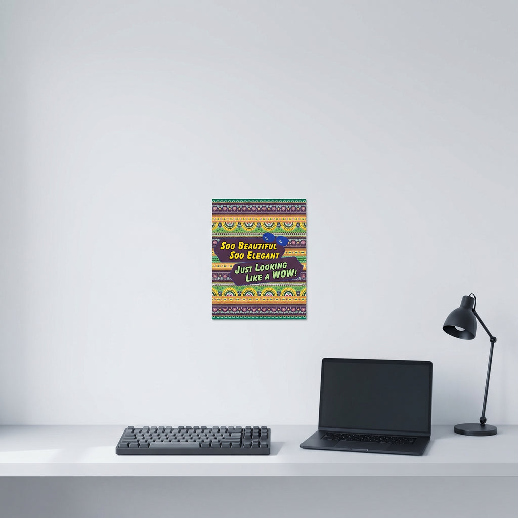 Funny Desi viral meme slogan wall art hanging neatly on a clean white wall behind a minimalist home office computer workspace