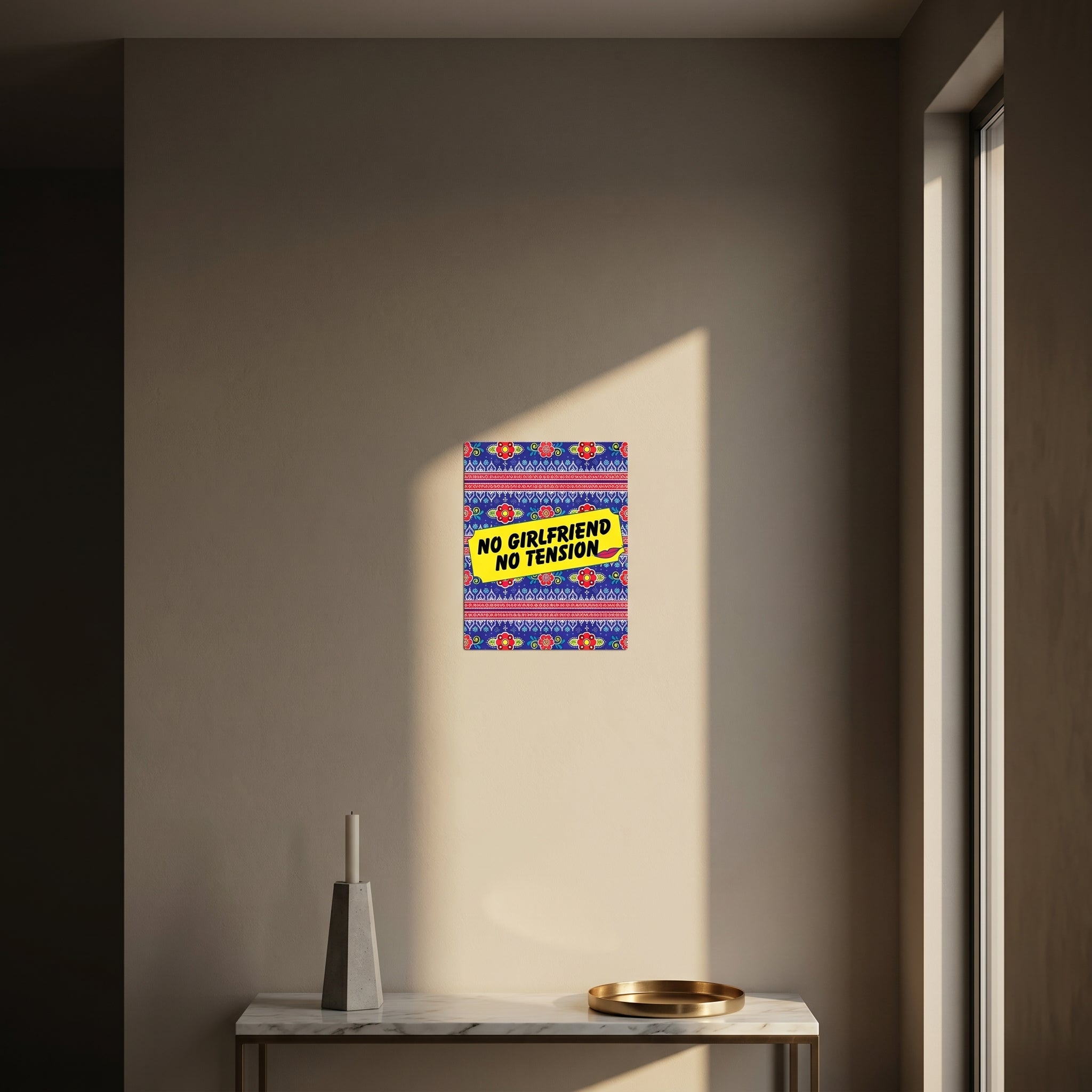 Funny Urdu style slogan metal sign on a marble console table catching dramatic golden afternoon window sunlight beautifully.