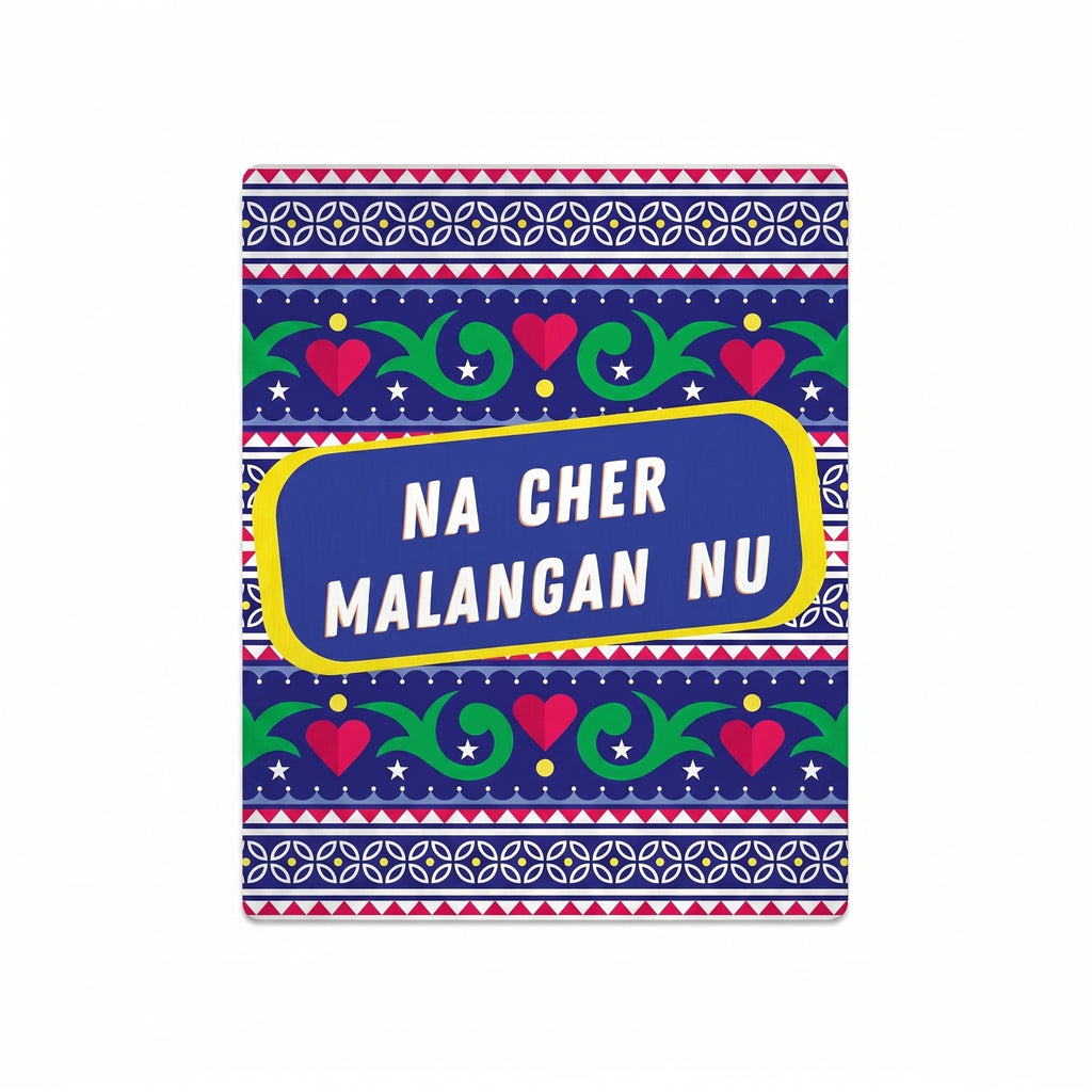 High-resolution close-up of Na Cher Malangan Nu truck art print showcasing intricate blue borders, green scrolls, and red hearts.