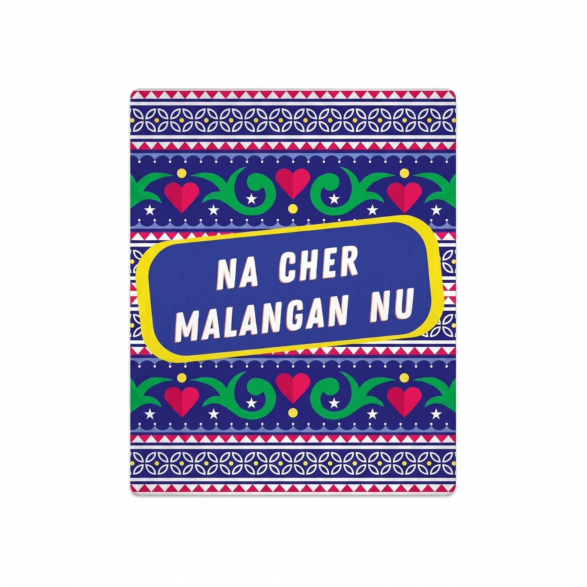 High-resolution close-up of Na Cher Malangan Nu truck art print showcasing intricate blue borders, green scrolls, and red hearts.
