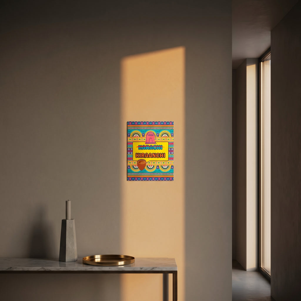 Humorous Karachi style slogan metal panel styled beautifully on a modern console table catching golden window sunlight.
