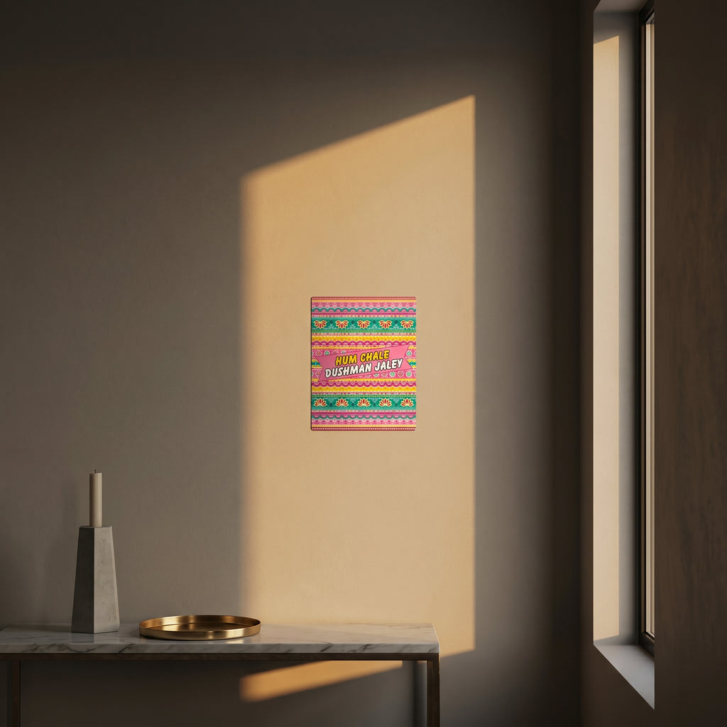 Humorous South Asian roadside slogan metal sign styled beautifully on a modern console table catching dramatic afternoon window sunlight.