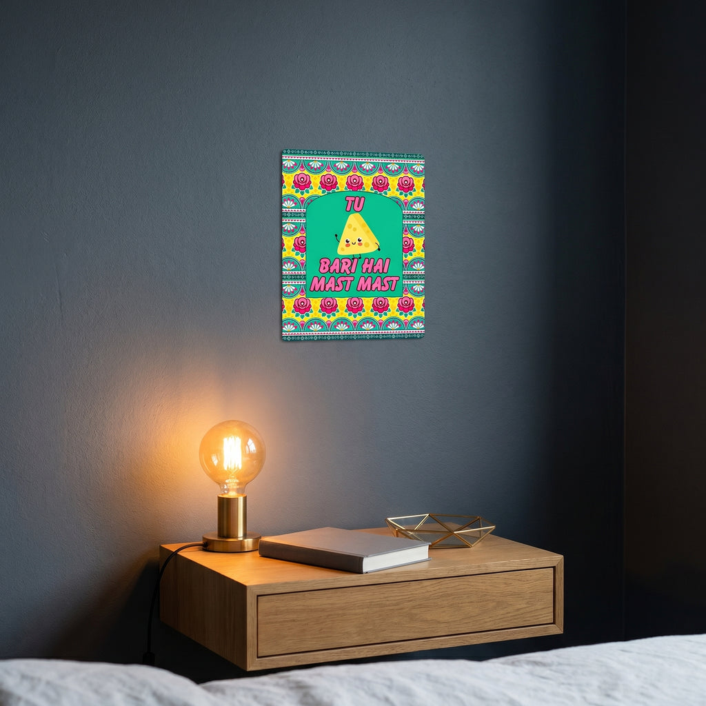 Humorous Urdu Hindi phrase metal sign catching warm ambient light from a lamp on a contemporary dark nightstand.
