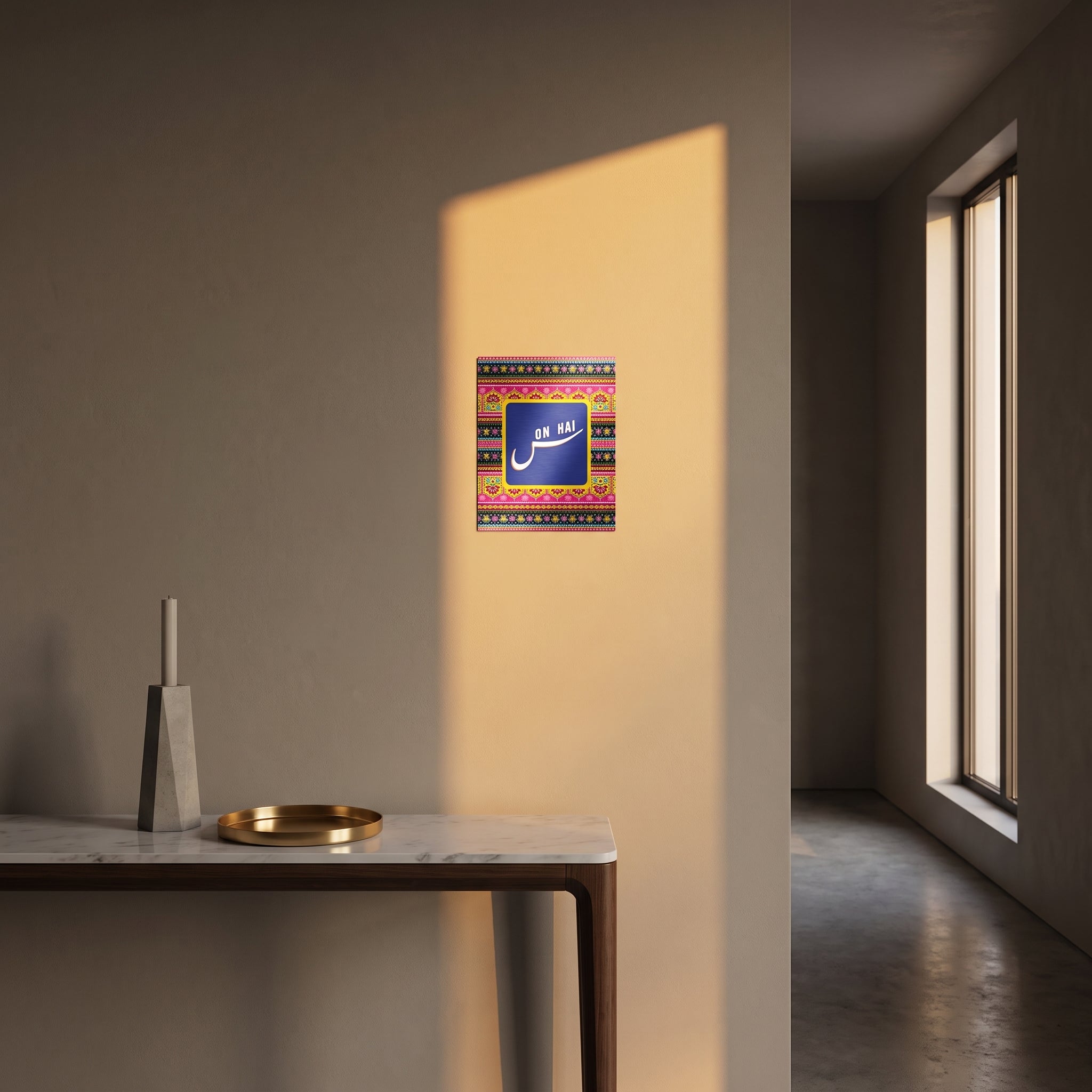 Humorous Urdu Hinglish street slogan metal sign styled beautifully on a modern console table catching dramatic afternoon window sunlight.