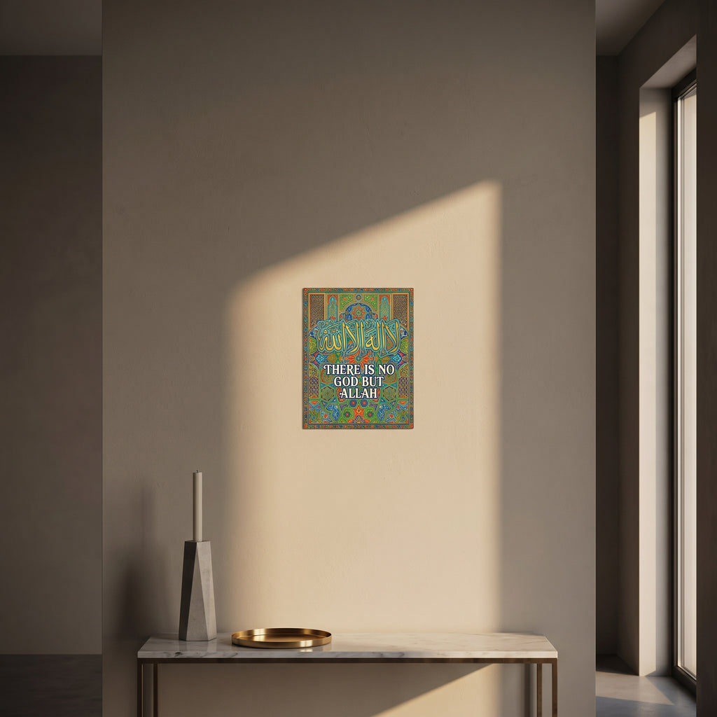 Islamic slogan truck art metal sign styled beautifully on a modern console table catching dramatic afternoon window sunlight.