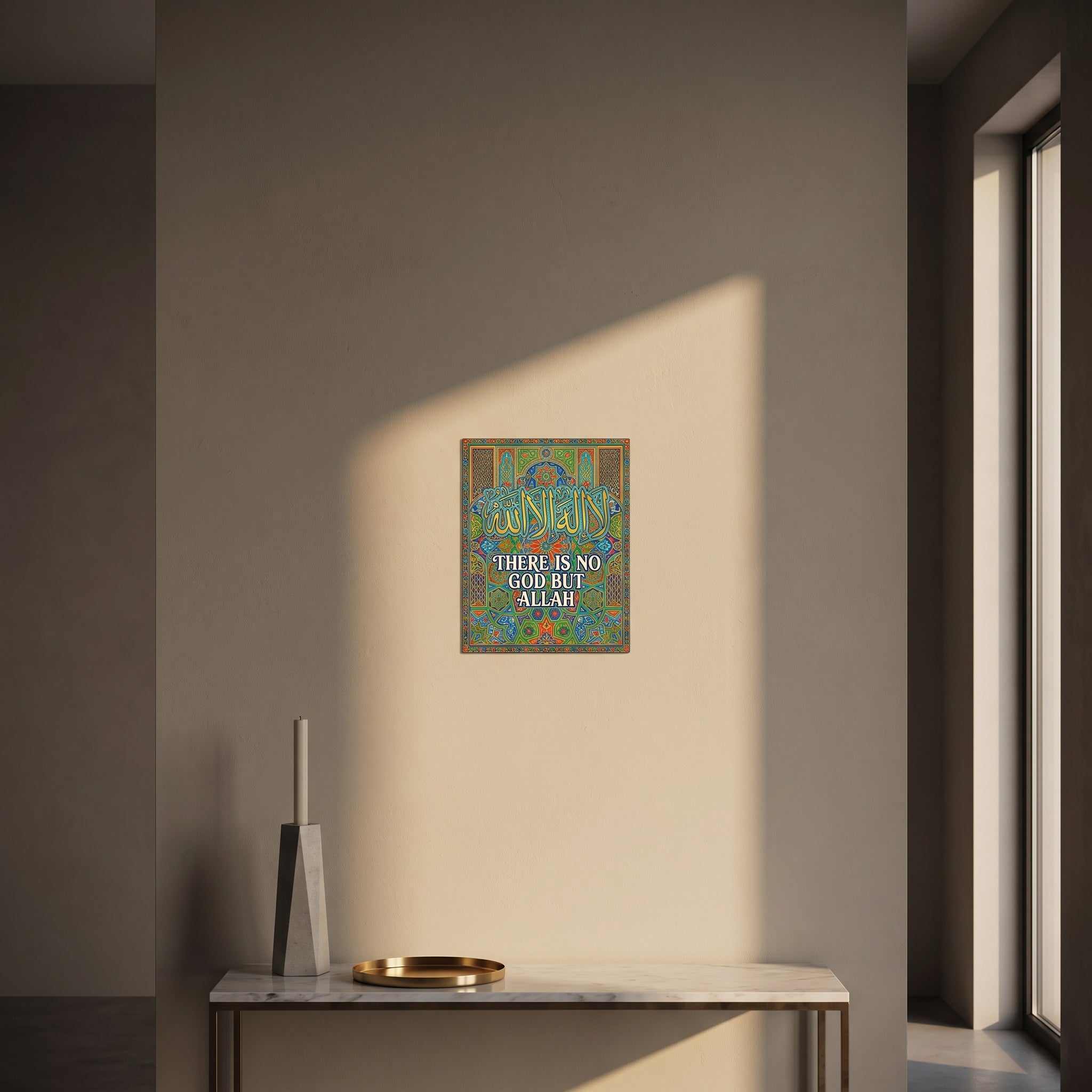 Islamic slogan truck art metal sign styled beautifully on a modern console table catching dramatic afternoon window sunlight.