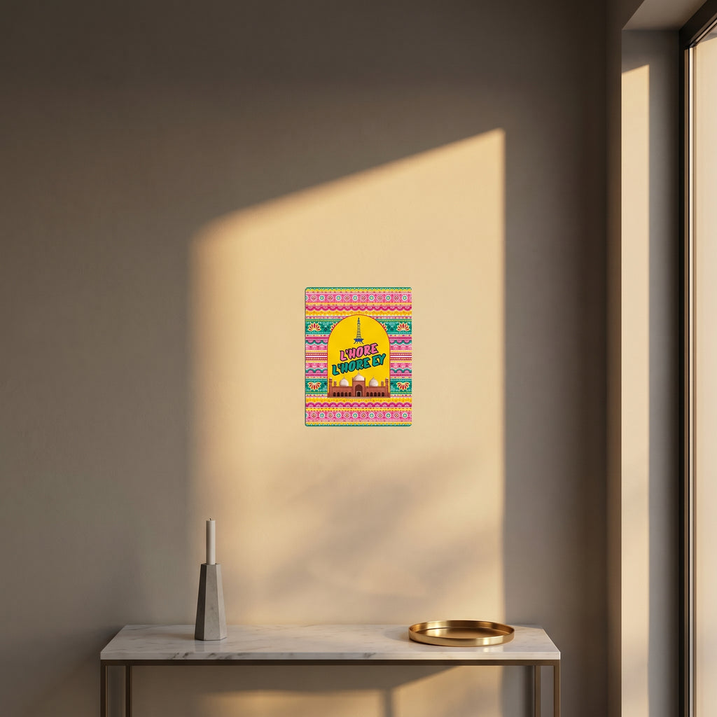 Lahore Lahore Ey truck art metal poster styled on a modern console table catching dramatic afternoon window sunlight.