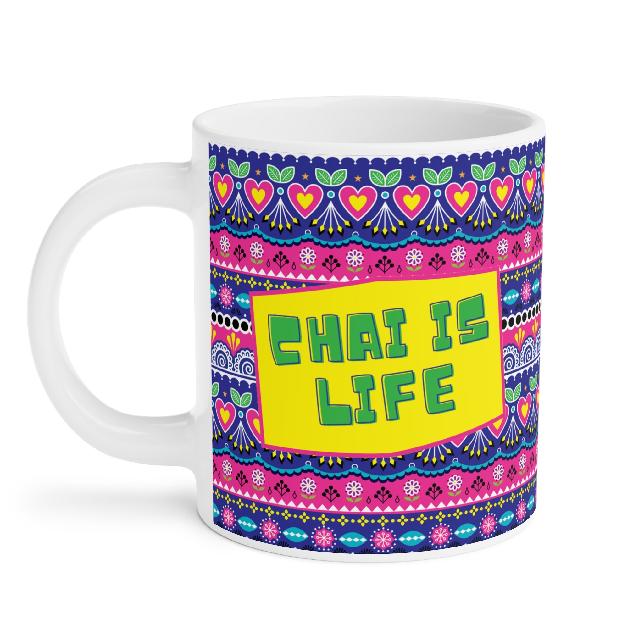 Chai Is Life ceramic mug 11oz with bold funny desi quote design.
Perfect for tea and coffee lovers who see chai as their lifeline.
Durable ceramic with vibrant, scratch-resistant print for daily use.
Microwave safe and dishwasher safe for easy cleaning and reheating.
Large comfortable handle makes it great for home, office, or dorm.
A quirky, fun, and thoughtful gift for friends, family, or coworkers.
Adds humor, desi vibes, and chai love to every sip and tea break.