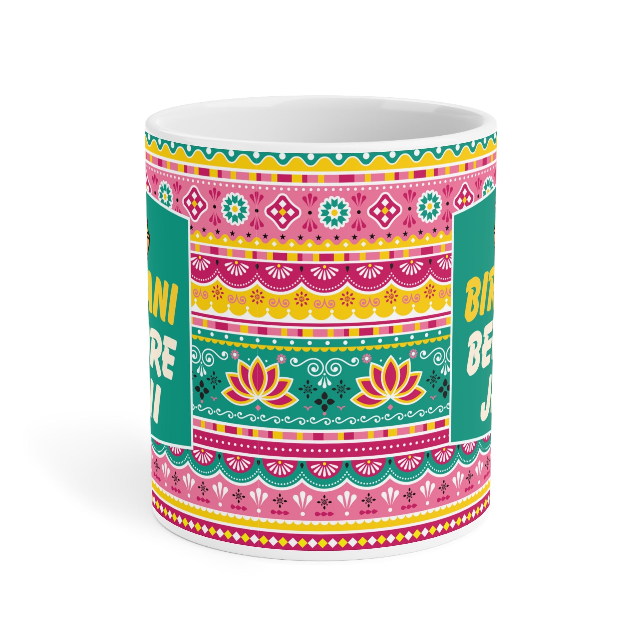 Biryani Aur Chai Aye Haye ceramic mug 11oz with funny desi food-inspired design.
Perfect for tea, coffee, and biryani lovers who enjoy cultural humor daily.
Durable ceramic build with vibrant, scratch-resistant print that lasts long.
Microwave safe and dishwasher safe for convenience and easy cleaning.
Large comfortable handle makes sipping chai or coffee effortless.
Unique quirky gift idea for friends, family, and coworkers who love food jokes.
Adds laughter, desi vibes, and foodie fun to every tea or coff