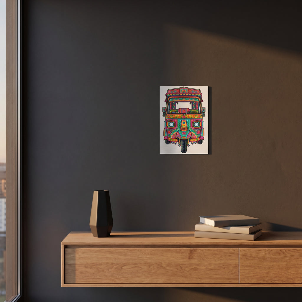 Modern South Asian street art rickshaw poster displayed on a dark charcoal accent wall over a contemporary floating wooden console cabinet.
