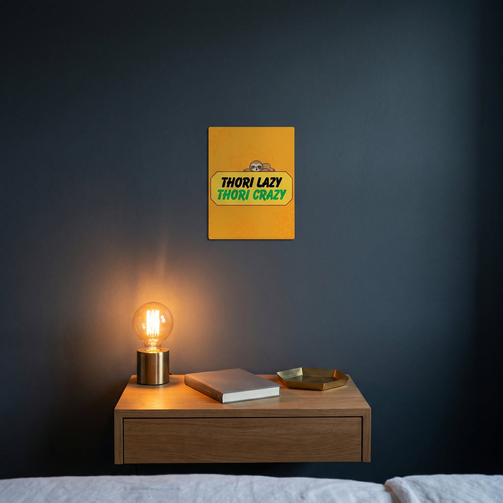 Contemporary bedroom nightstand setup featuring the framed truck art slogan poster catching warm ambient light from a lamp.
