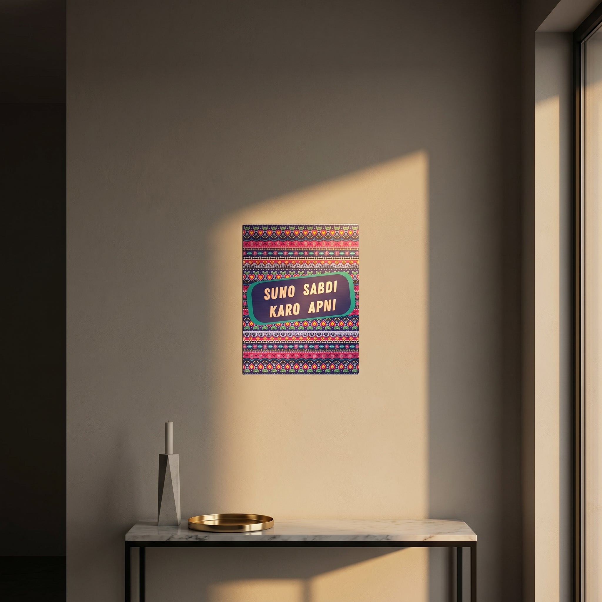 Modern wooden sideboard cabinet styled against a dark grey accent wall featuring the colorful Desi culture poster artwork.