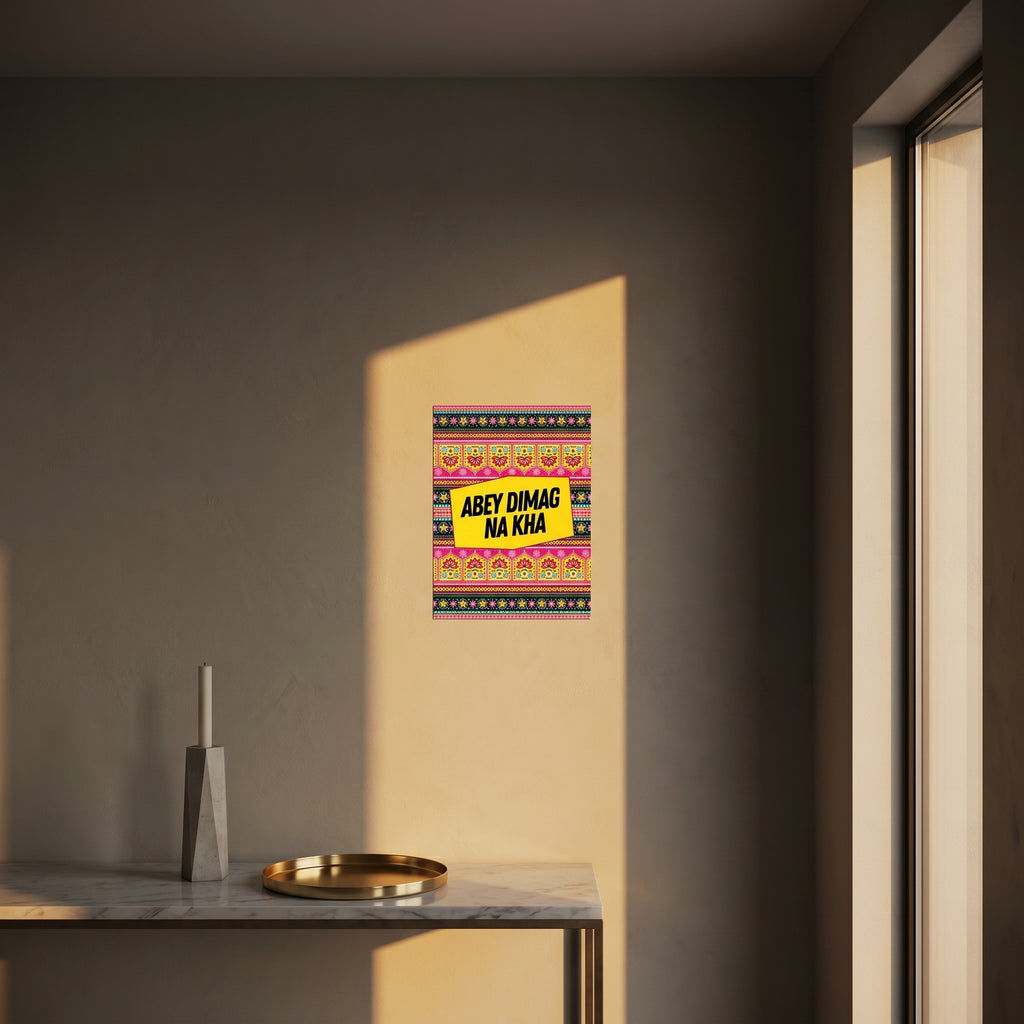 Modern wooden sideboard credenza against a dark grey accent wall showcasing the highly saturated traditional truck art poster.