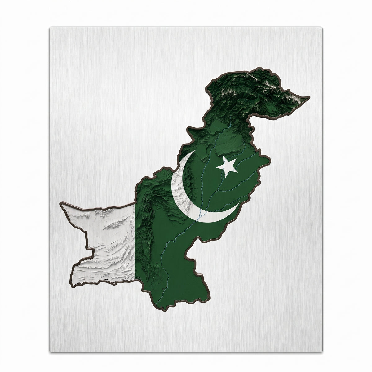 Close-up of the Pakistan 3D topographic flag map metal wall sign focusing on the detailed mountain ranges, crescent and star, and brushed metal background texture.