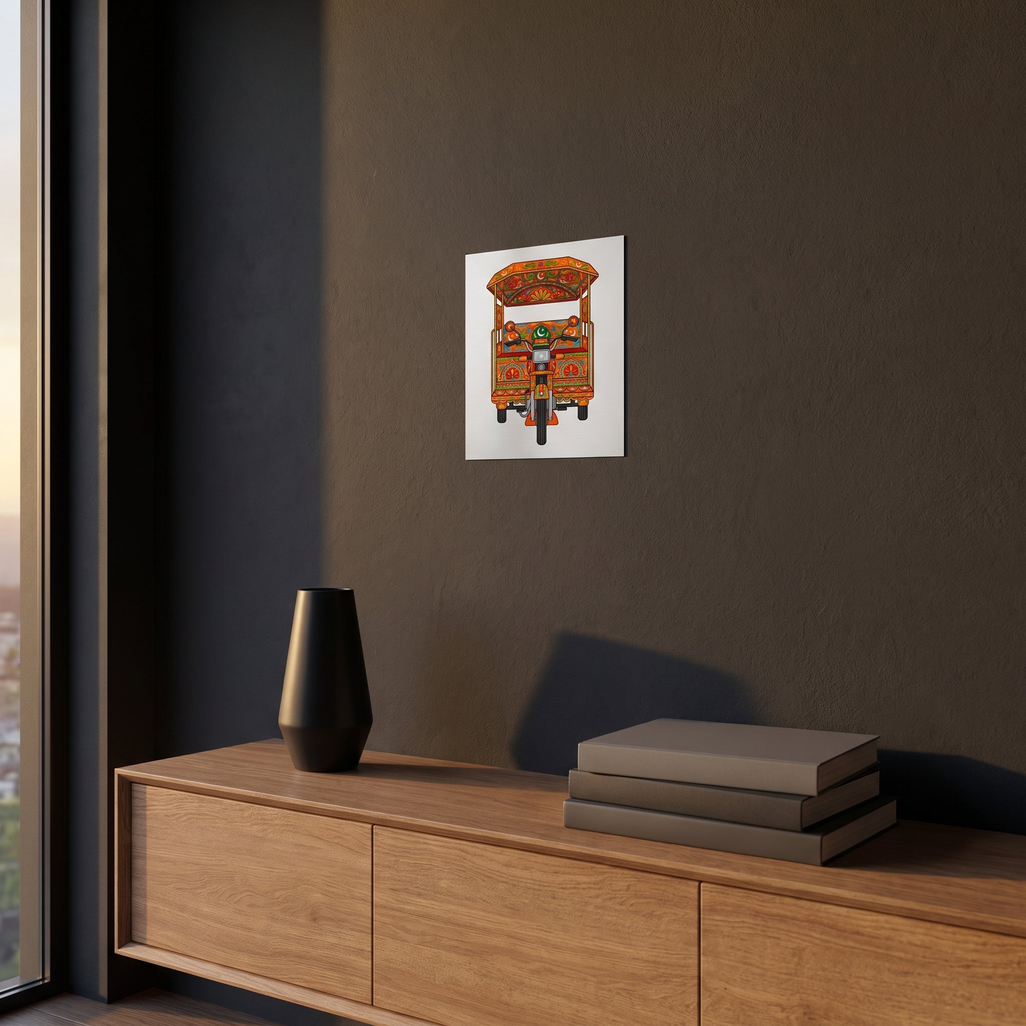 Patriotic style South Asian transit illustration print displayed on a dark charcoal grey accent wall over a sleek wooden console floating cabinet.
