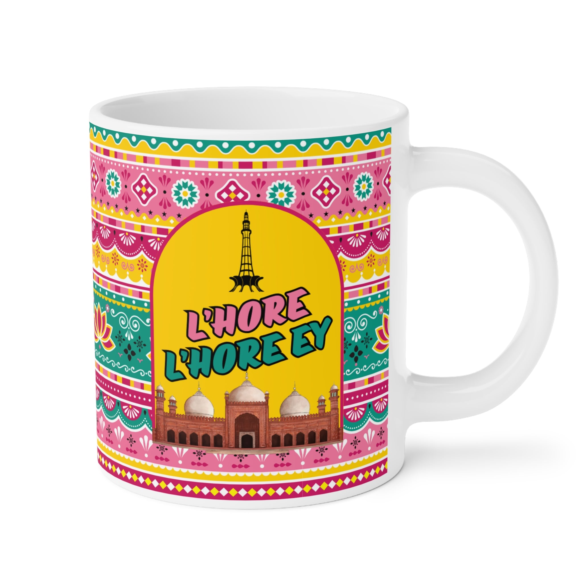 Lahore Lahore Ey ceramic mug 11oz with cultural Punjabi quote design.
Perfect for tea and coffee lovers who cherish Lahore’s vibrant culture.
Durable ceramic cup with scratch-resistant, colorful print for daily use.
Microwave safe and dishwasher safe for easy heating and cleaning.
Large comfortable handle for effortless sipping of chai or coffee.
Ideal gift for Lahoris, expats, family, or friends who love Punjab.
Brings city pride, humor, and nostalgia to every tea or coffee moment.