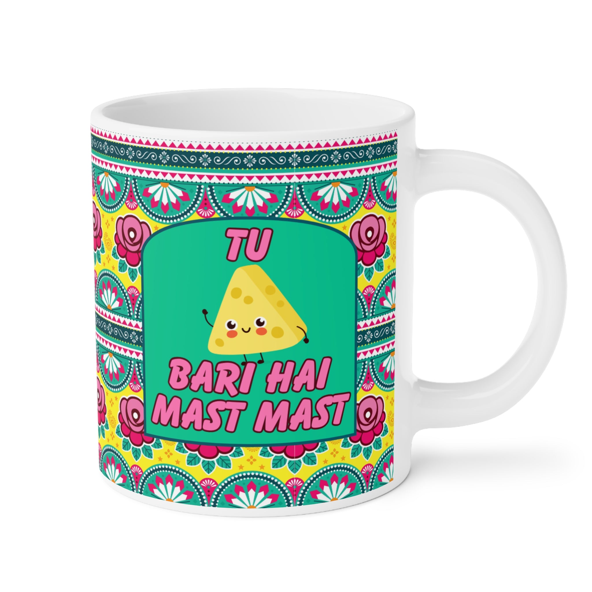 Tu Cheez Bari Hai Mast Mast ceramic mug 11oz with Bollywood-inspired design.
Perfect for tea and coffee lovers who enjoy fun desi quotes daily.
Durable ceramic with vibrant, scratch-resistant print for long-lasting use.
Microwave safe and dishwasher safe for reheating and easy cleaning.
Large comfortable handle makes chai or coffee sipping effortless.
A quirky and nostalgic gift for Bollywood fans, friends, or coworkers.
Adds music, fun, and cultural vibes to every tea or coffee break.