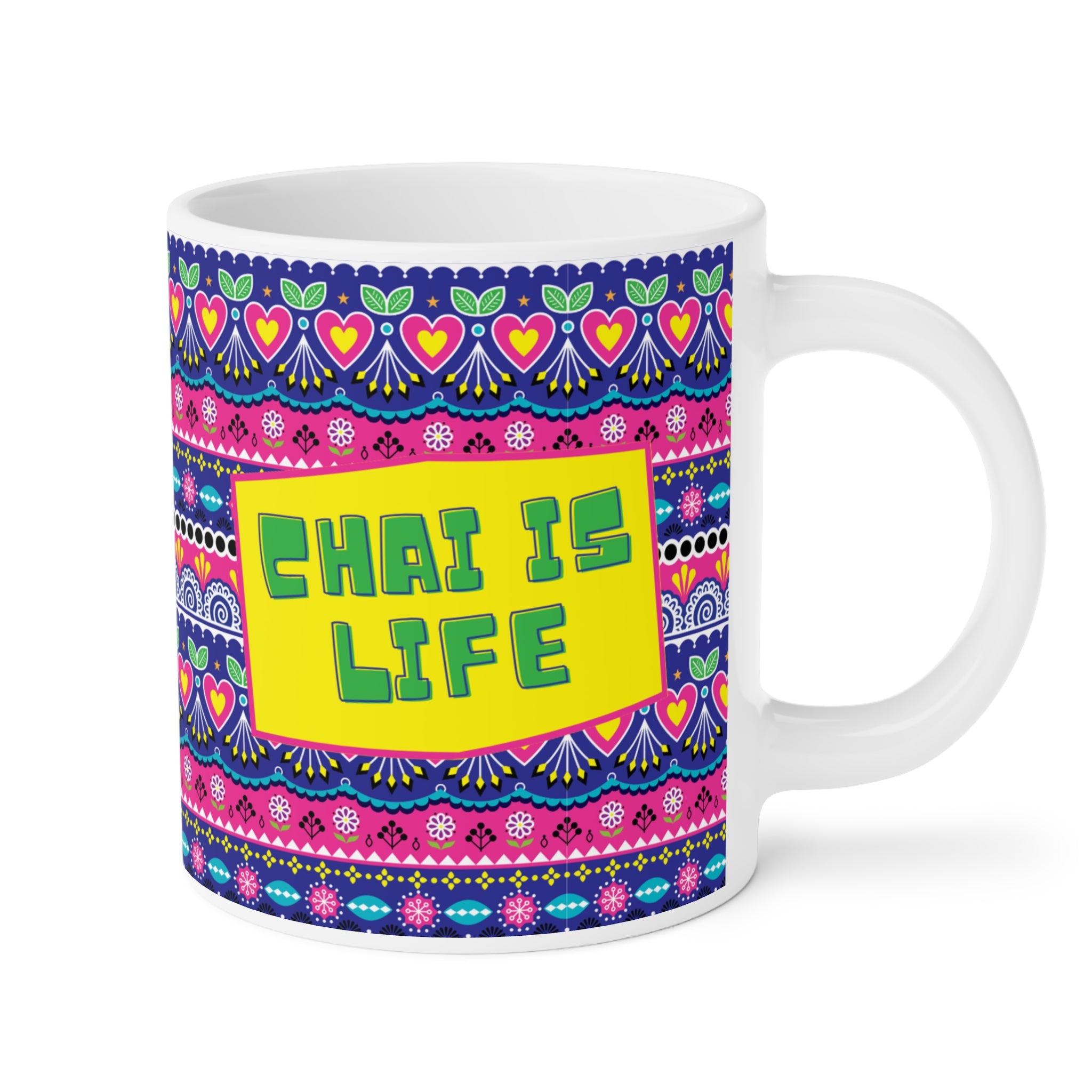Chai Is Life ceramic mug 11oz with bold funny desi quote design.
Perfect for tea and coffee lovers who see chai as their lifeline.
Durable ceramic with vibrant, scratch-resistant print for daily use.
Microwave safe and dishwasher safe for easy cleaning and reheating.
Large comfortable handle makes it great for home, office, or dorm.
A quirky, fun, and thoughtful gift for friends, family, or coworkers.
Adds humor, desi vibes, and chai love to every sip and tea break.