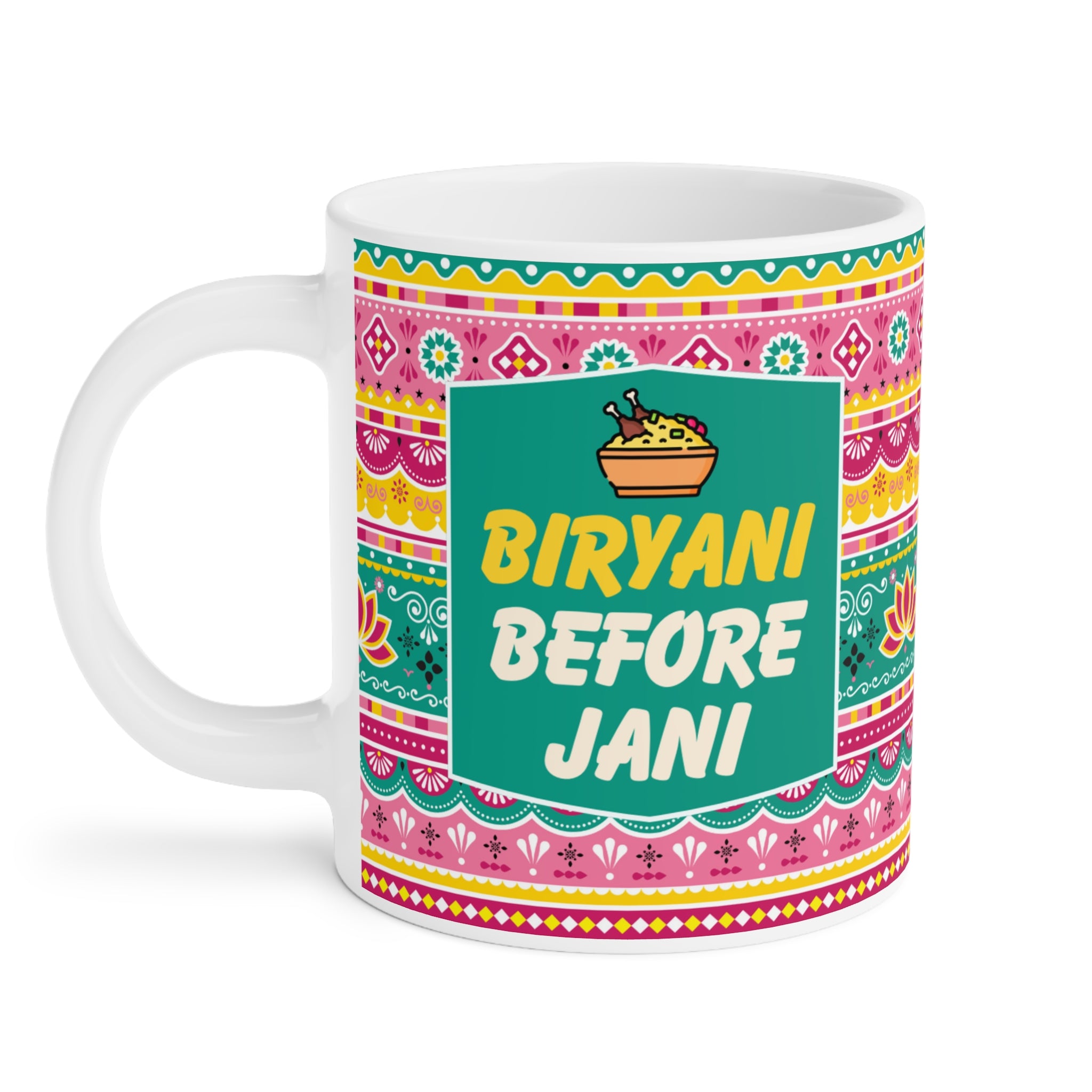 Biryani Aur Chai Aye Haye ceramic mug 11oz with funny desi food-inspired design.
Perfect for tea, coffee, and biryani lovers who enjoy cultural humor daily.
Durable ceramic build with vibrant, scratch-resistant print that lasts long.
Microwave safe and dishwasher safe for convenience and easy cleaning.
Large comfortable handle makes sipping chai or coffee effortless.
Unique quirky gift idea for friends, family, and coworkers who love food jokes.
Adds laughter, desi vibes, and foodie fun to every tea or coff