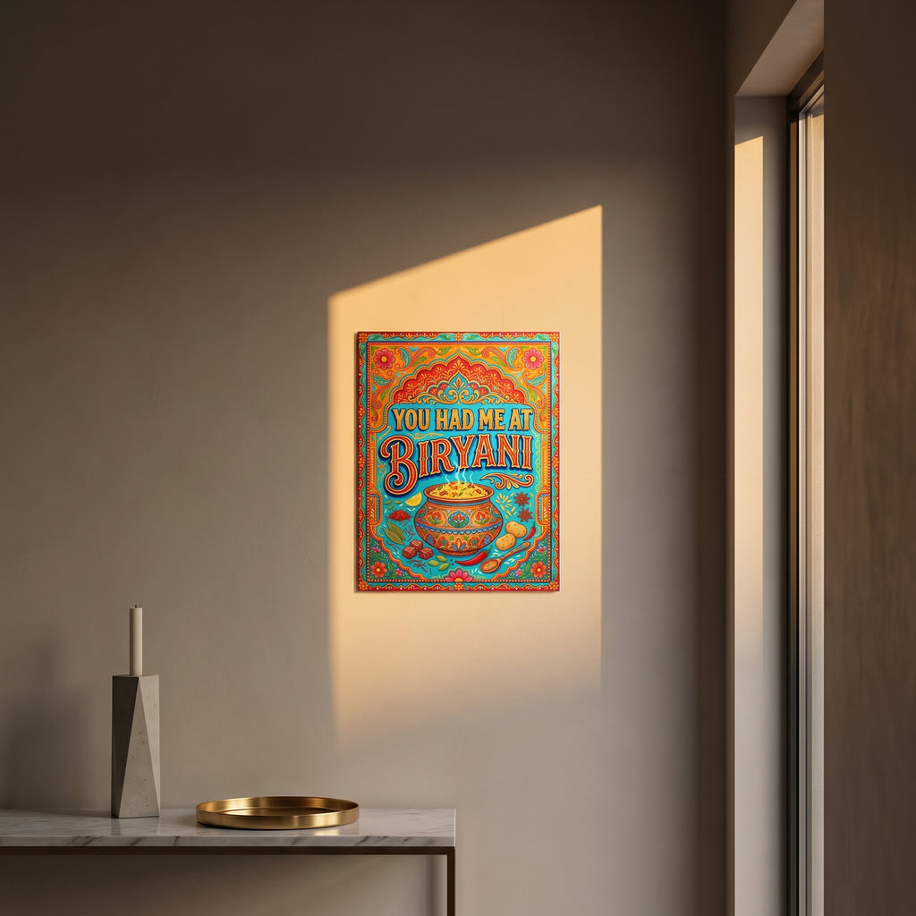 Pop-art style Biryani heritage metal print catching warm afternoon window sunlight on a textured plaster wall above a table.
