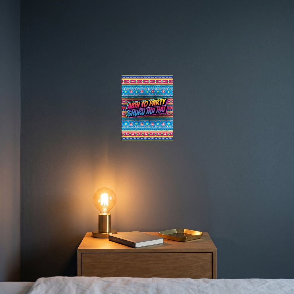 Pop-art style Urdu truck art print catching warm ambient light from a lamp on a contemporary dark bedroom nightstand.
