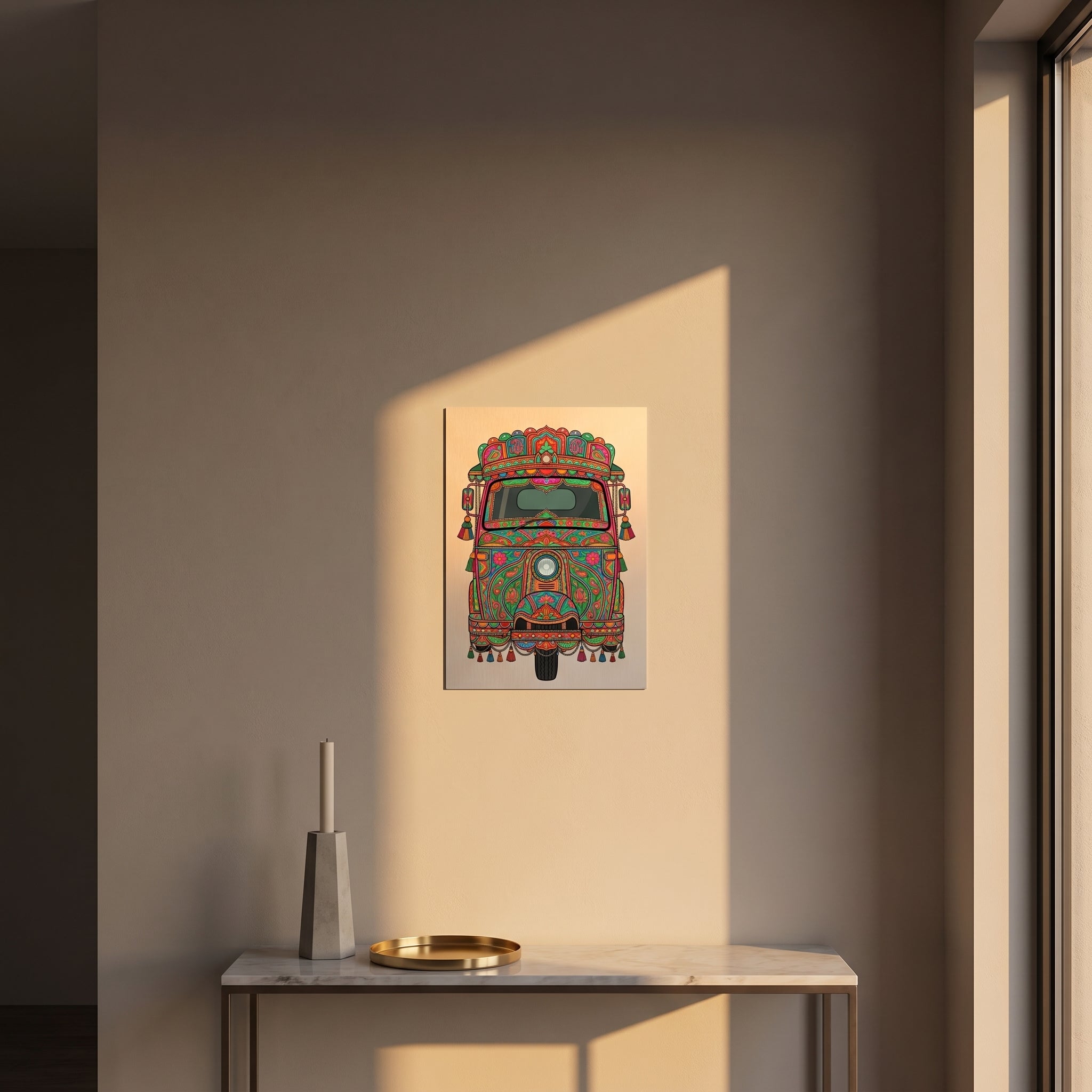 Pop-art style rickshaw heritage metal print catching warm afternoon window sunlight on a textured plaster wall above a table.
