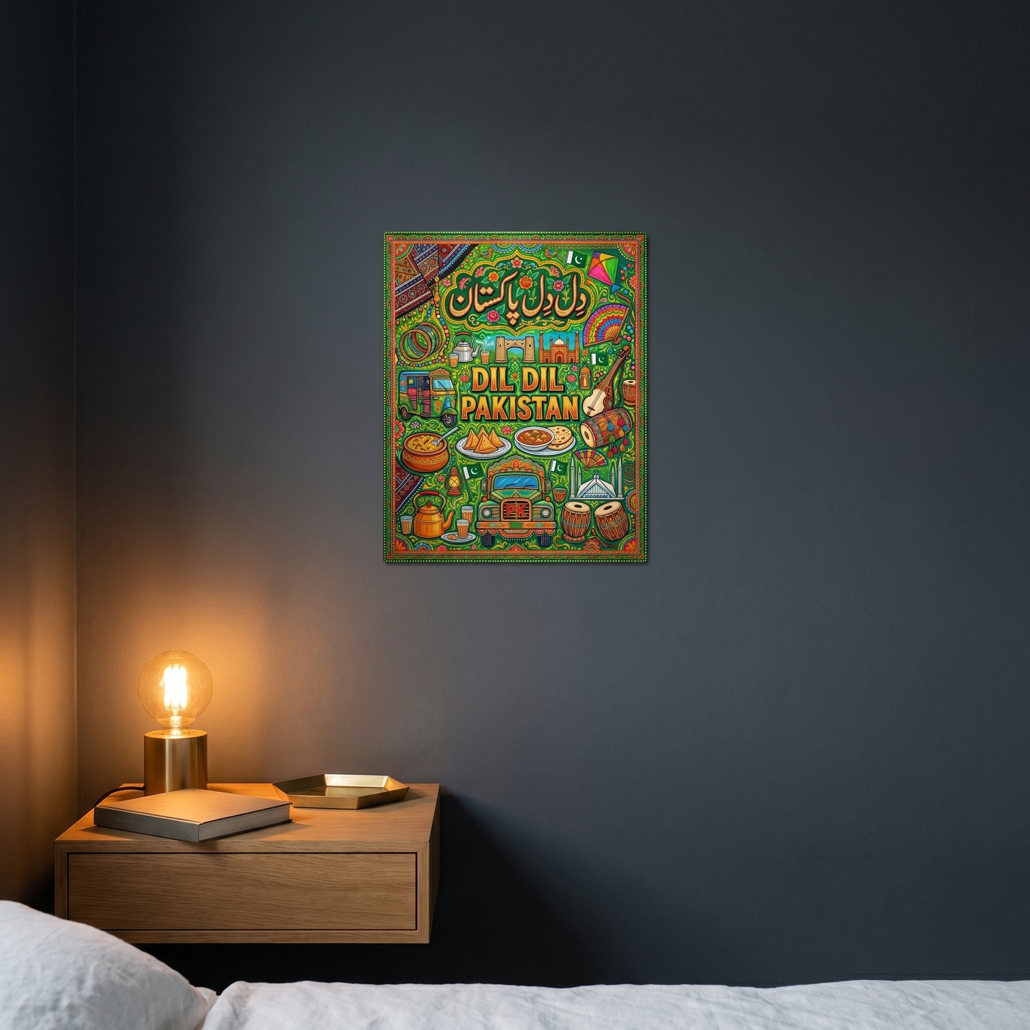 Pop-art style truck art theme metal print catching warm ambient light from a lamp on a contemporary dark bedroom nightstand.