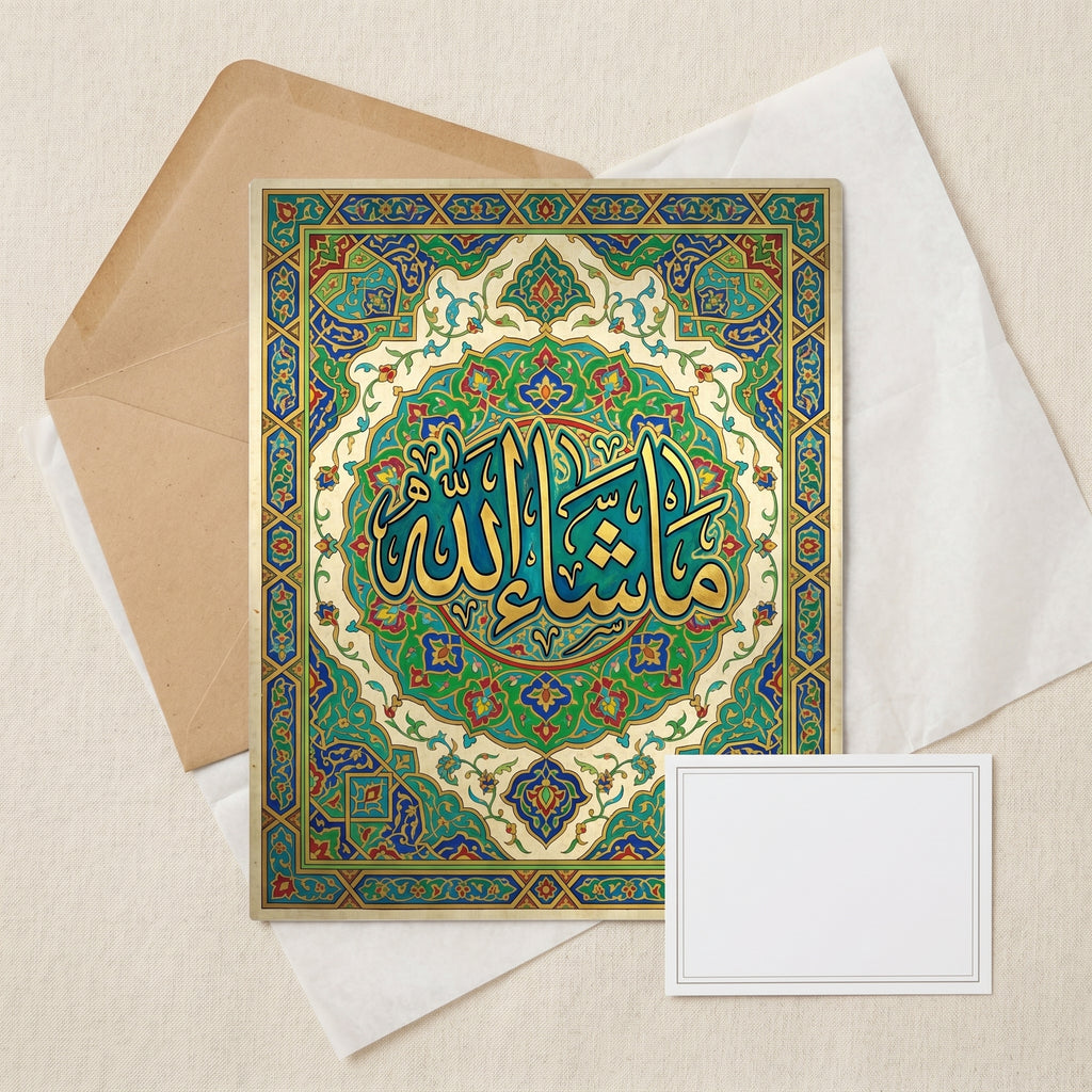 Premium Mashallah Arabic calligraphy poster featuring detailed green and blue Islamic mandala floral patterns on a matte background.
