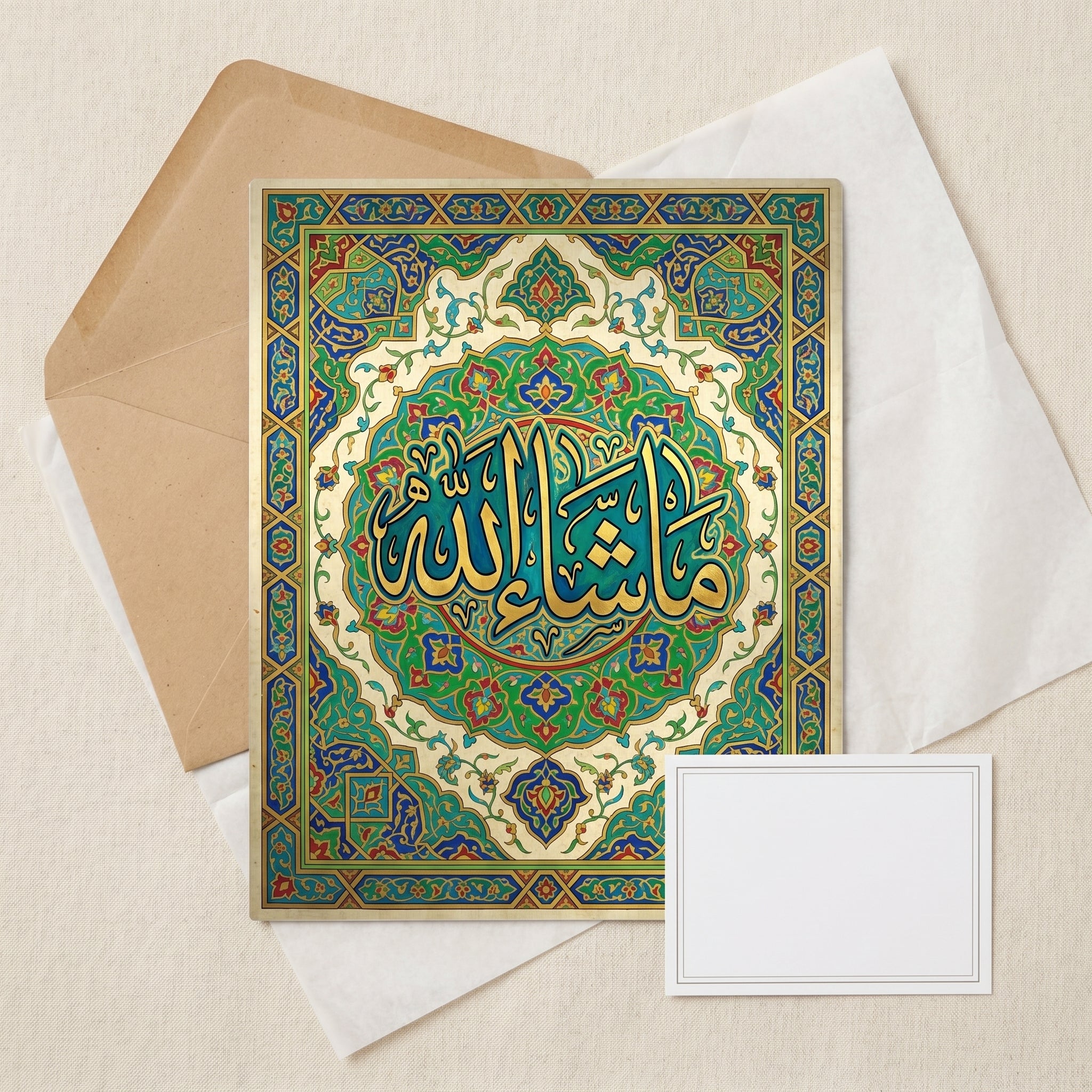 Premium Mashallah Arabic calligraphy poster featuring detailed green and blue Islamic mandala floral patterns on a matte background.