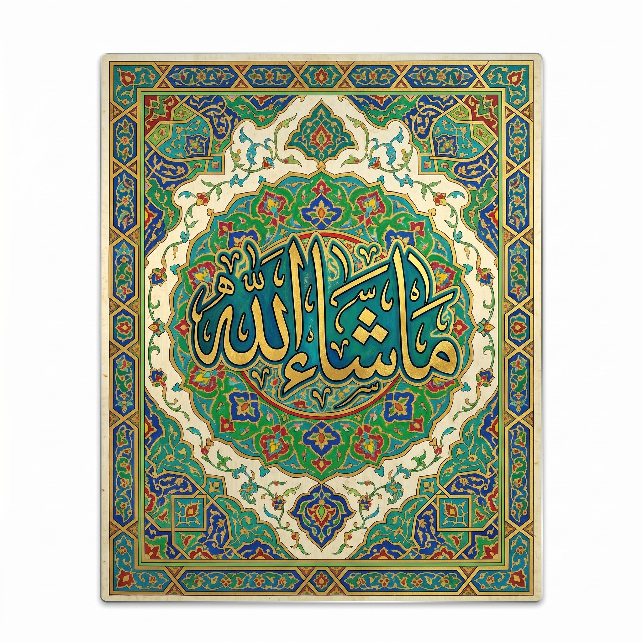 Premium Mashallah Arabic calligraphy poster featuring detailed green and blue Islamic mandala floral patterns on a matte background.