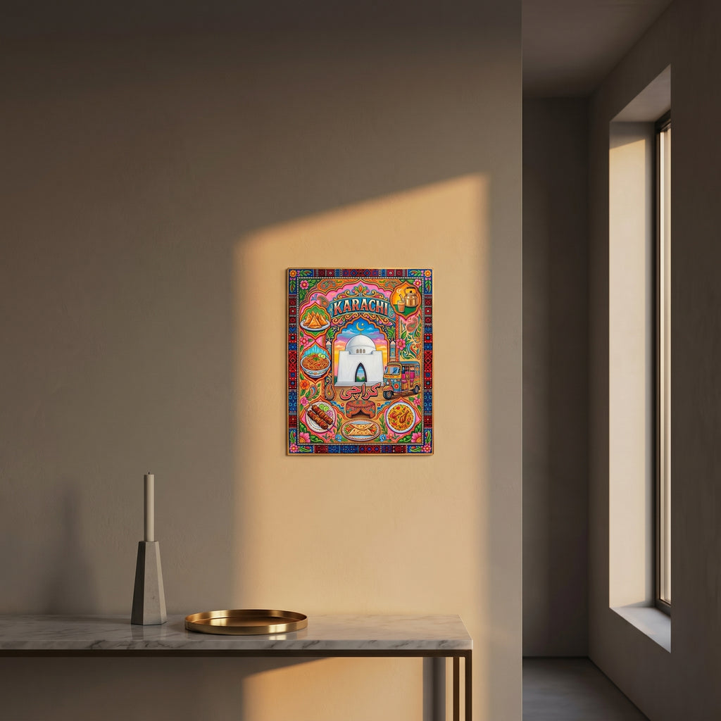 Premium Pakistani cultural art print styled elegantly above a modern wooden console table with warm dramatic afternoon window shadows