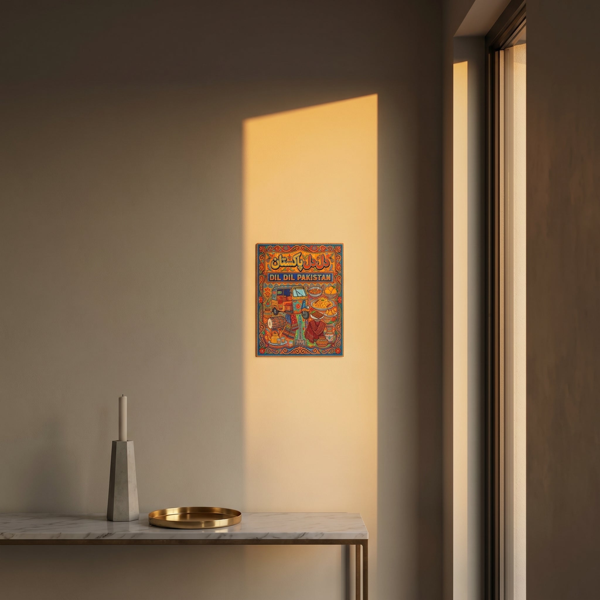 "Premium South Asian pop art print catching dramatic afternoon window sunlight above a sleek modern console table."
