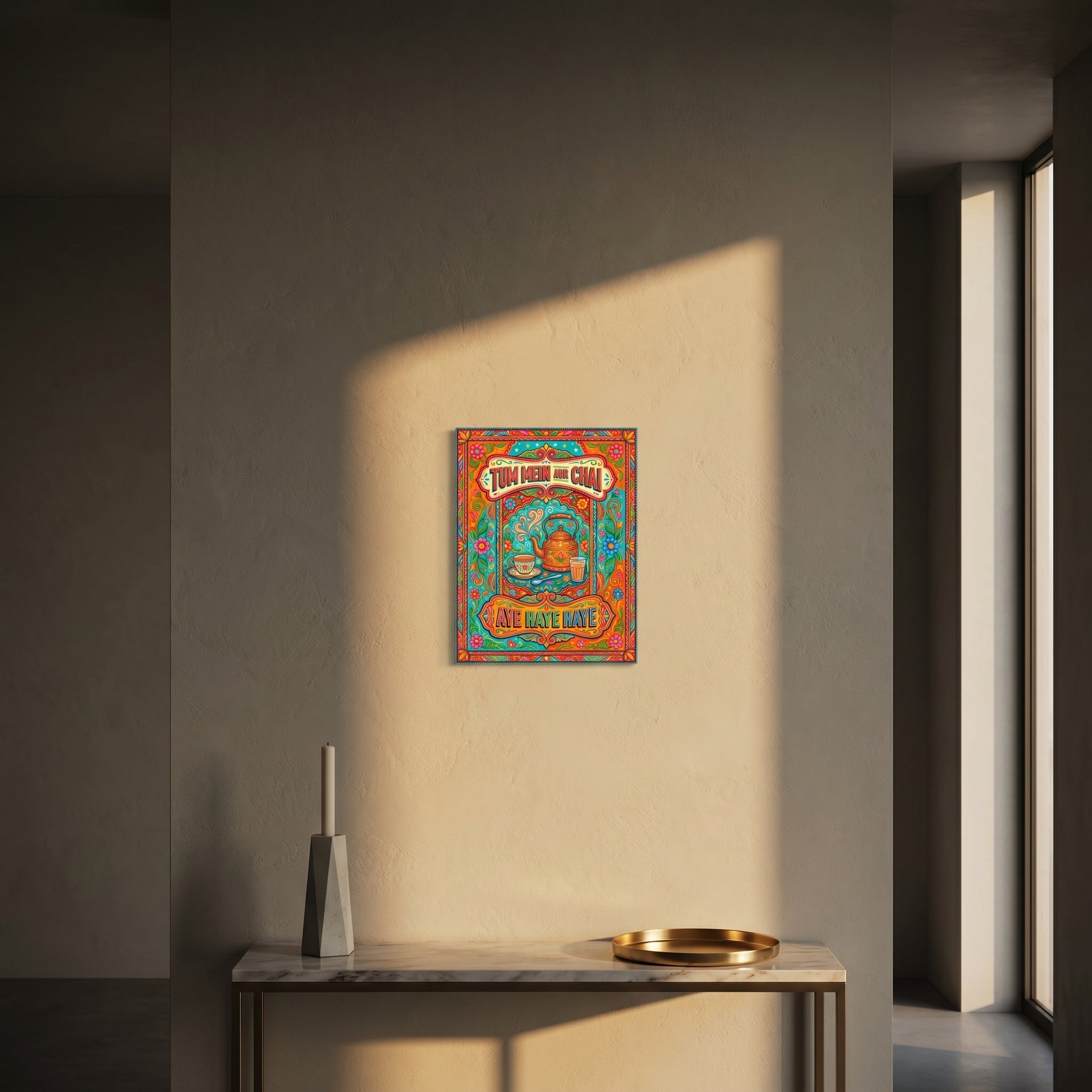 Premium South Asian pop art print catching dramatic afternoon window sunlight above a sleek modern wooden console table.
