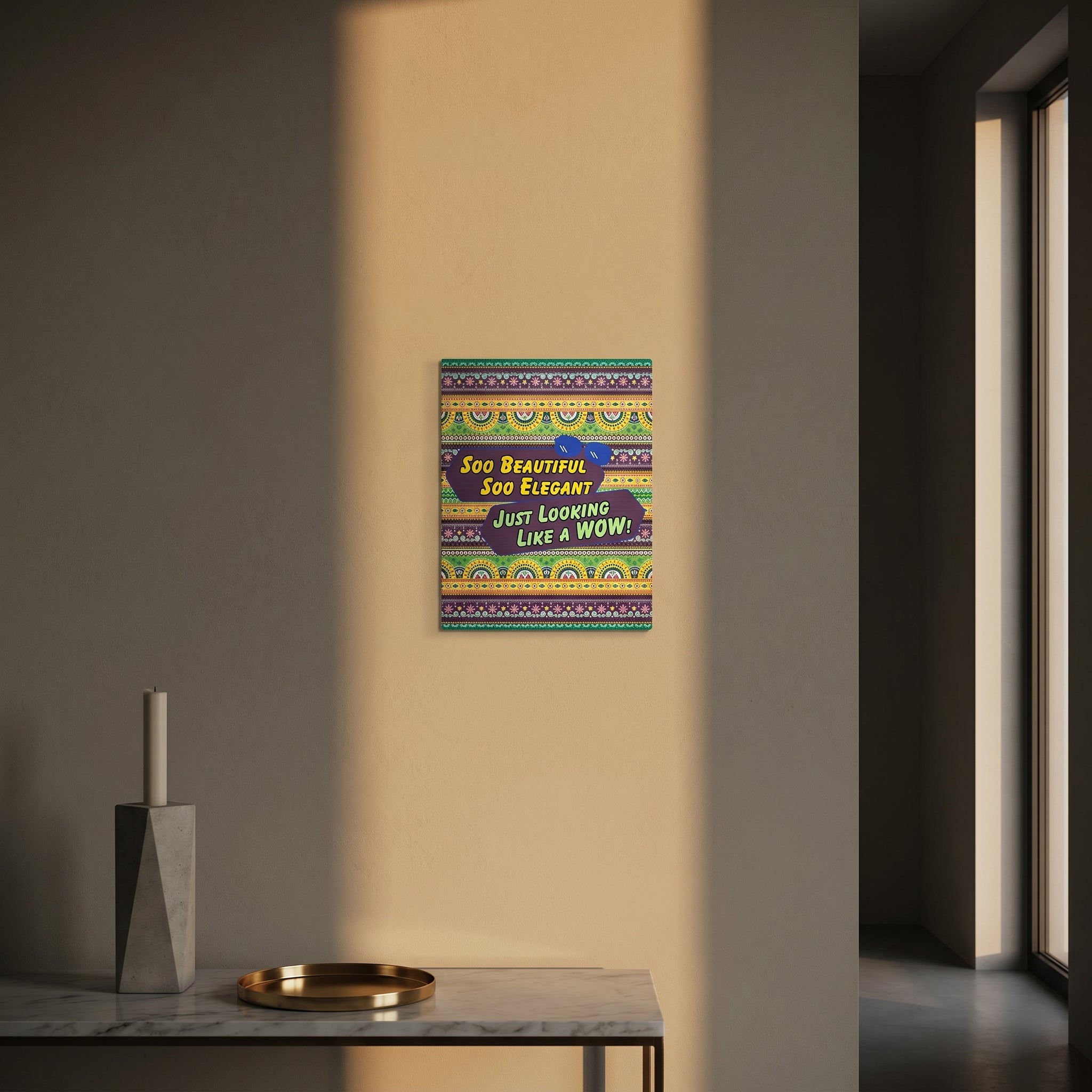 Premium South Asian pop culture art print catching dramatic golden afternoon window sunlight above a sleek modern wooden console table.