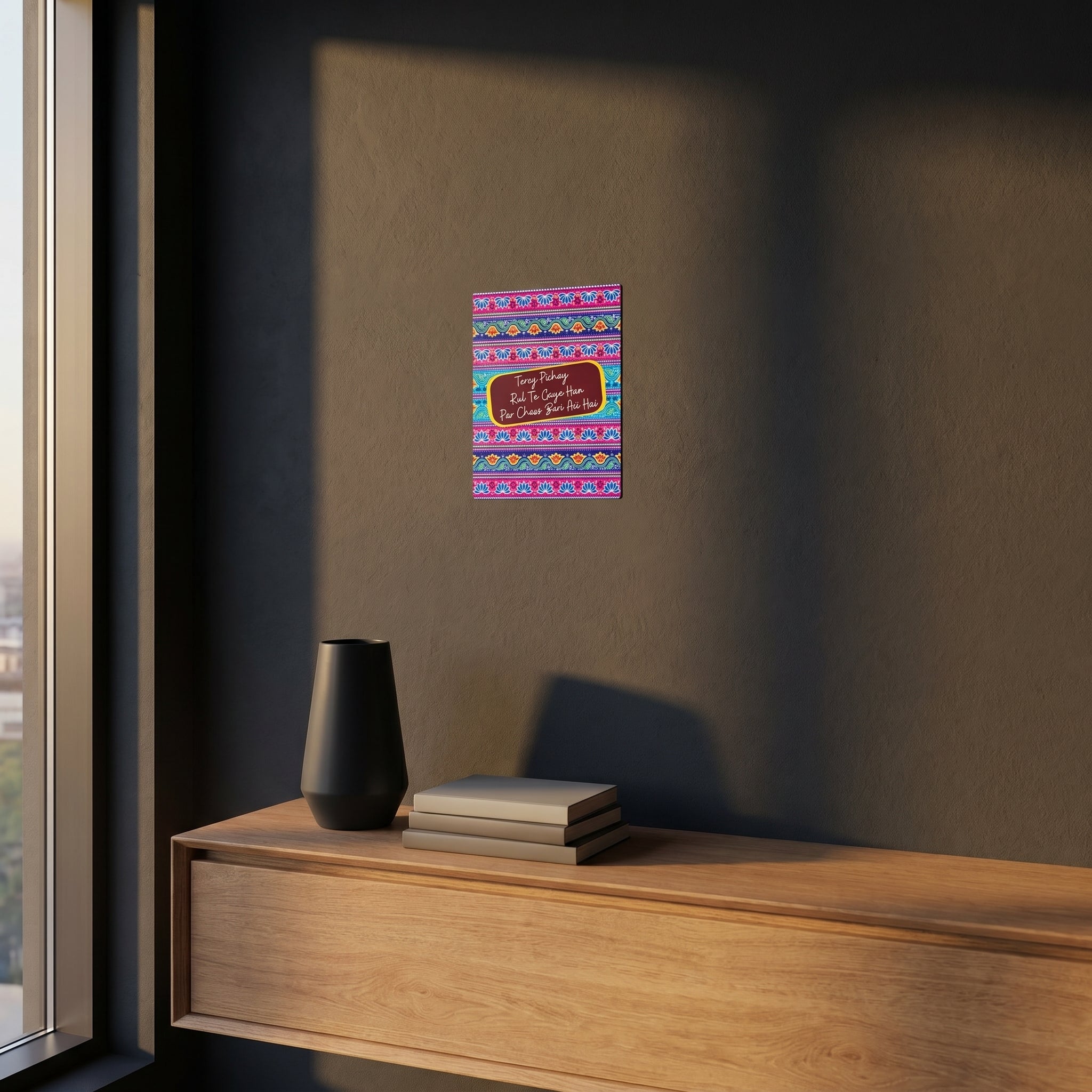 Premium South Asian slogan art print styled over a modern console table under dramatic golden afternoon window sunlight.