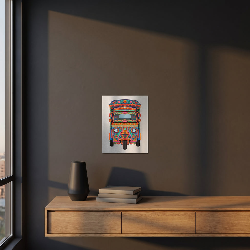 Traditional style South Asian vehicle illustration print displayed on a dark charcoal grey accent wall over a sleek wooden console floating cabinet.
