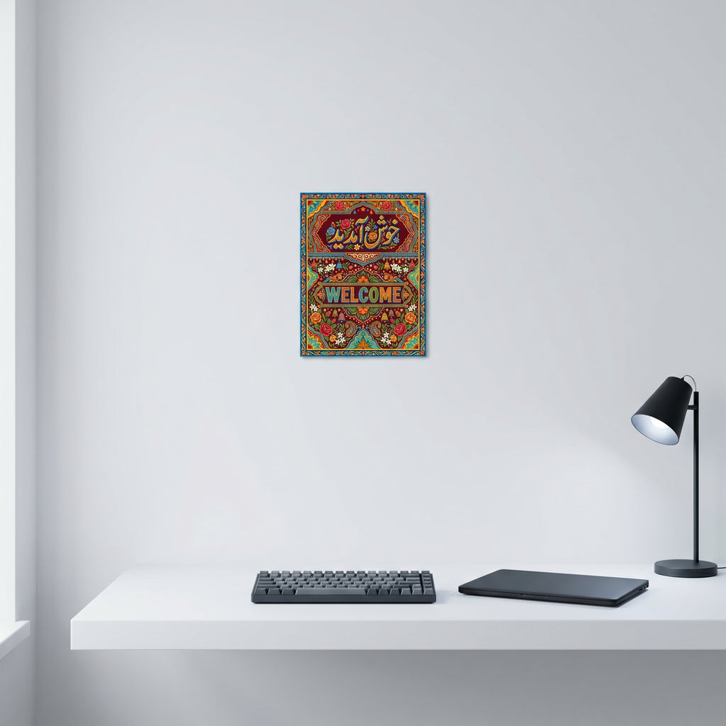 "Traditional Pakistani truck art welcome poster displayed neatly on a white wall behind a modern minimalist computer workspace."
