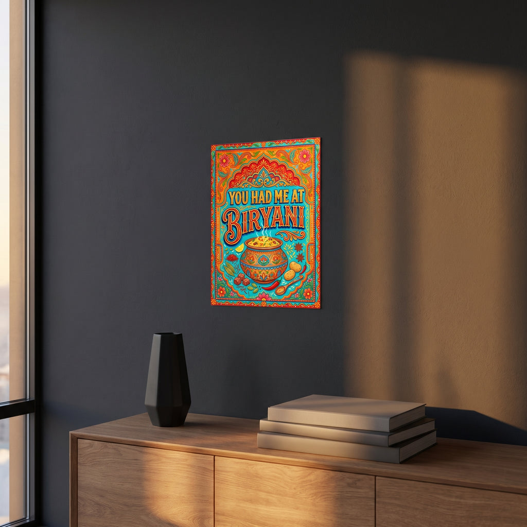 Traditional style South Asian culinary illustration print displayed on a dark charcoal grey accent wall over a sleek wooden console floating cabinet.
