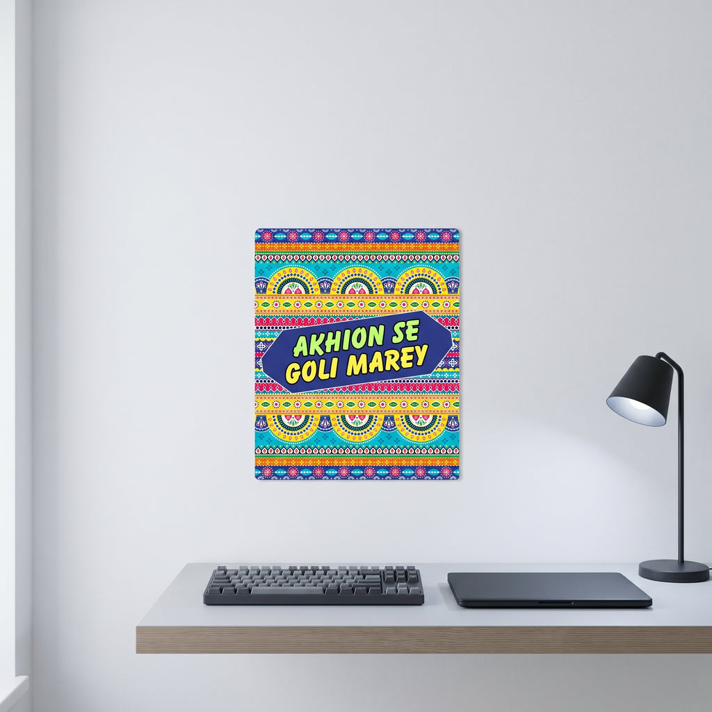 Traditional style South Asian retro pop art poster displayed on a white wall behind a minimalist home office desk setup.
