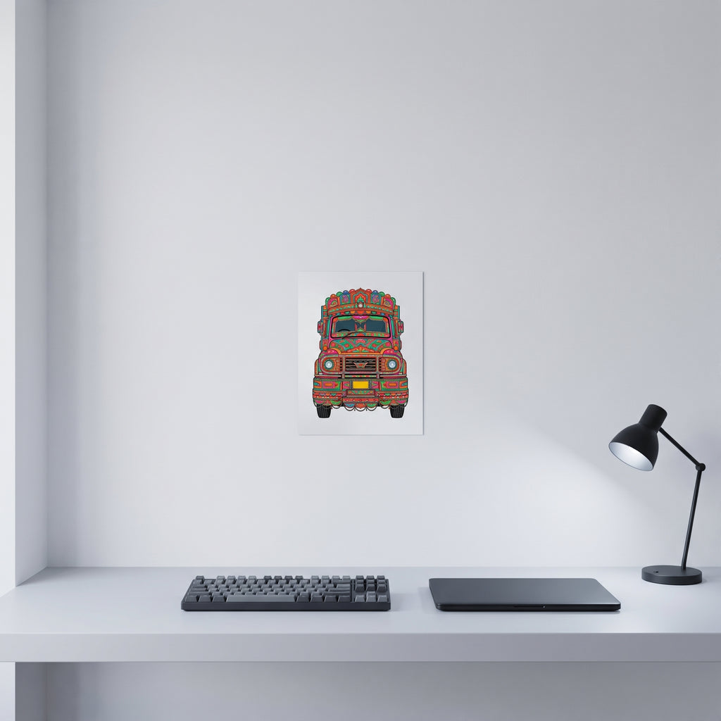 Traditional style South Asian vehicle illustration print displayed on a crisp white wall behind a minimalist home office desk setup with a keyboard.
