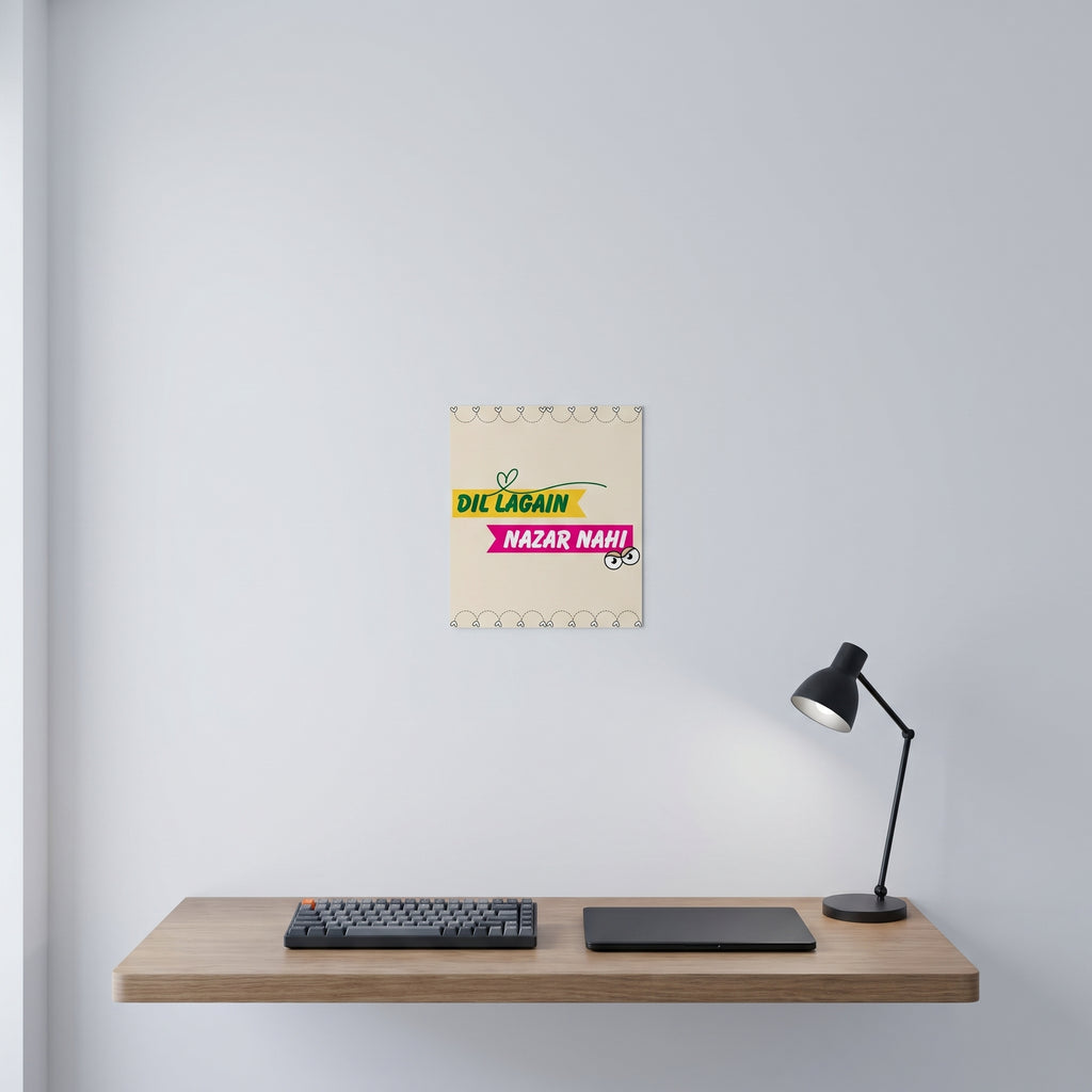 Vibrant Desi culture poster hanging gracefully on a crisp white wall behind a clean, modern minimalist home office desk setup.
