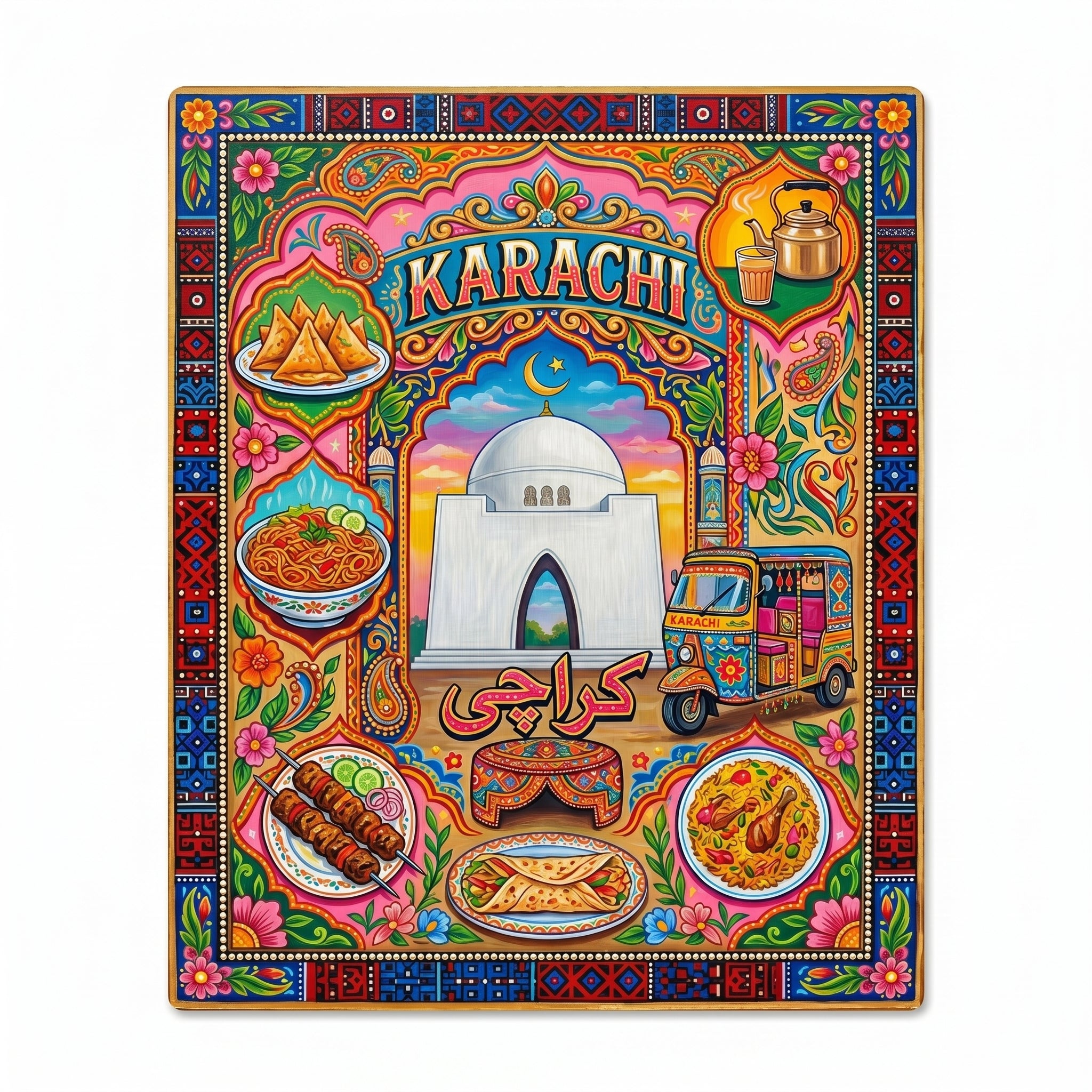 Vibrant Karachi truck art poster featuring Mazar-e-Quaid monument, a colorful rickshaw, and Burns Road street food illustrations.