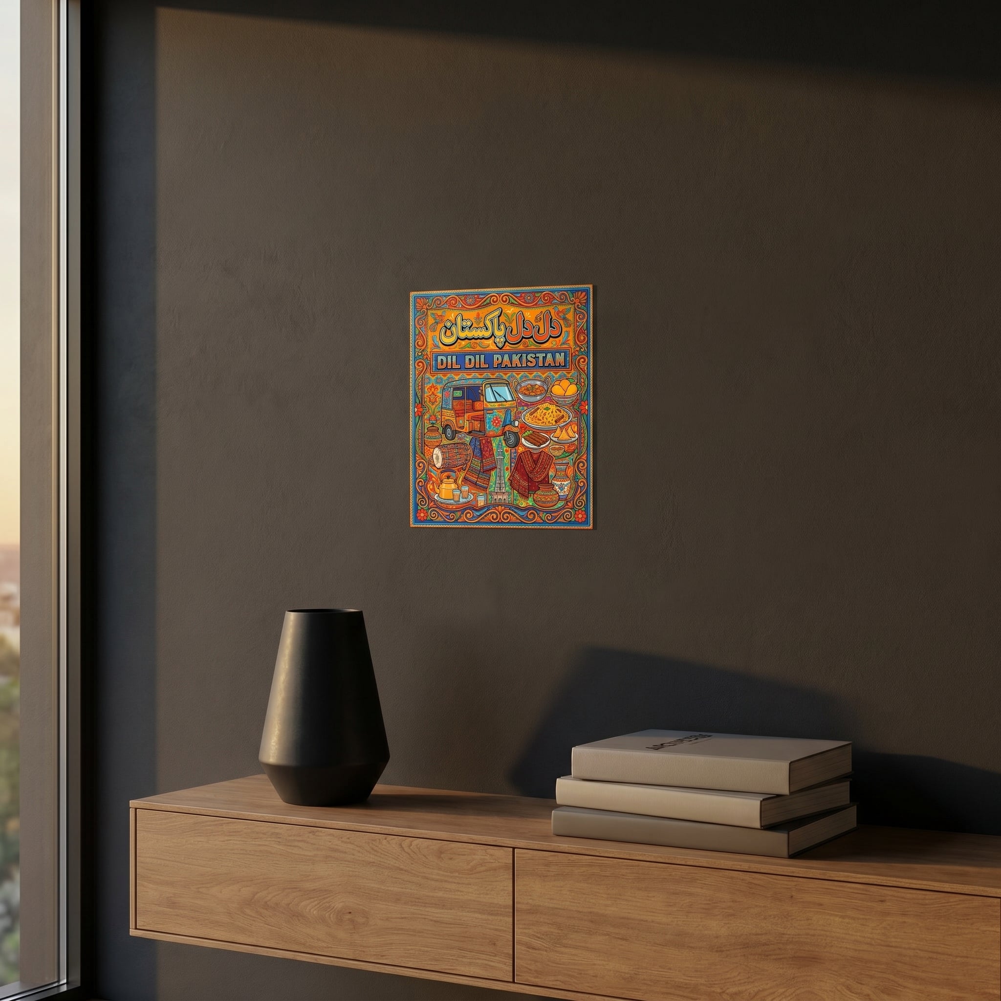 "Vibrant Pakistan truck art room decor poster styled beautifully on a dark grey accent wall over a modern wooden sideboard cabinet."
